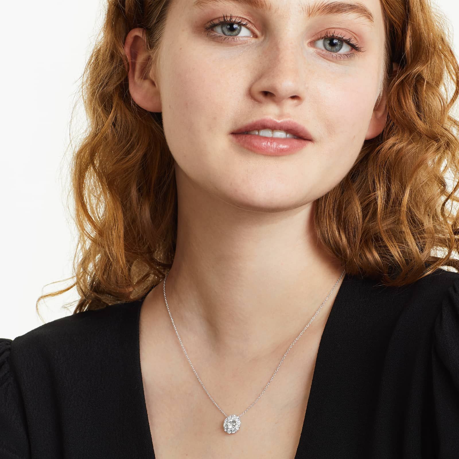 Round Lab Grown Diamond Halo Setting Pendant With Chain, EF Color, VS Clarity. IGI Certified