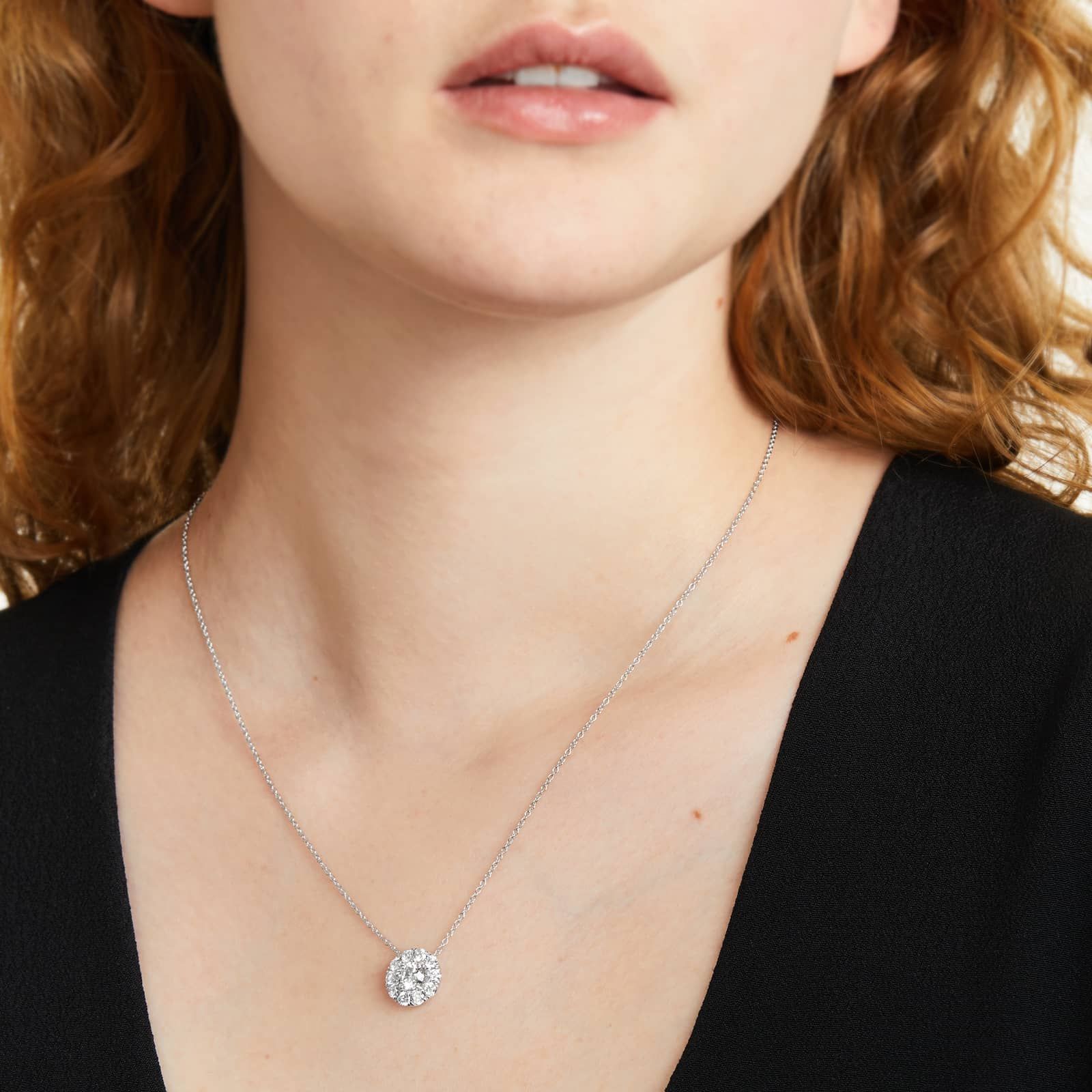 Round Lab Grown Diamond Halo Setting Pendant With Chain, EF Color, VS Clarity. IGI Certified