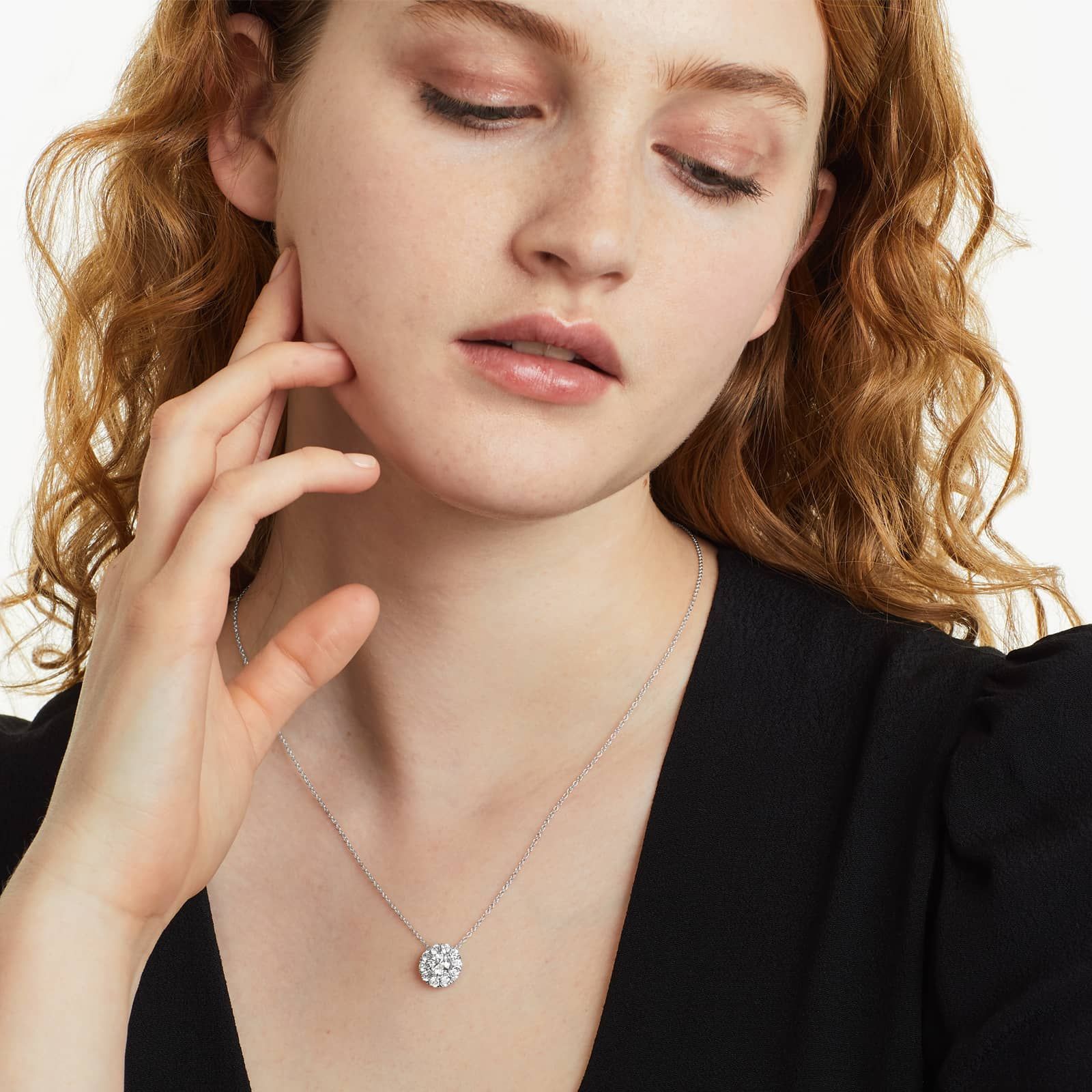 Round Lab Grown Diamond Halo Setting Pendant With Chain, EF Color, VS Clarity. IGI Certified