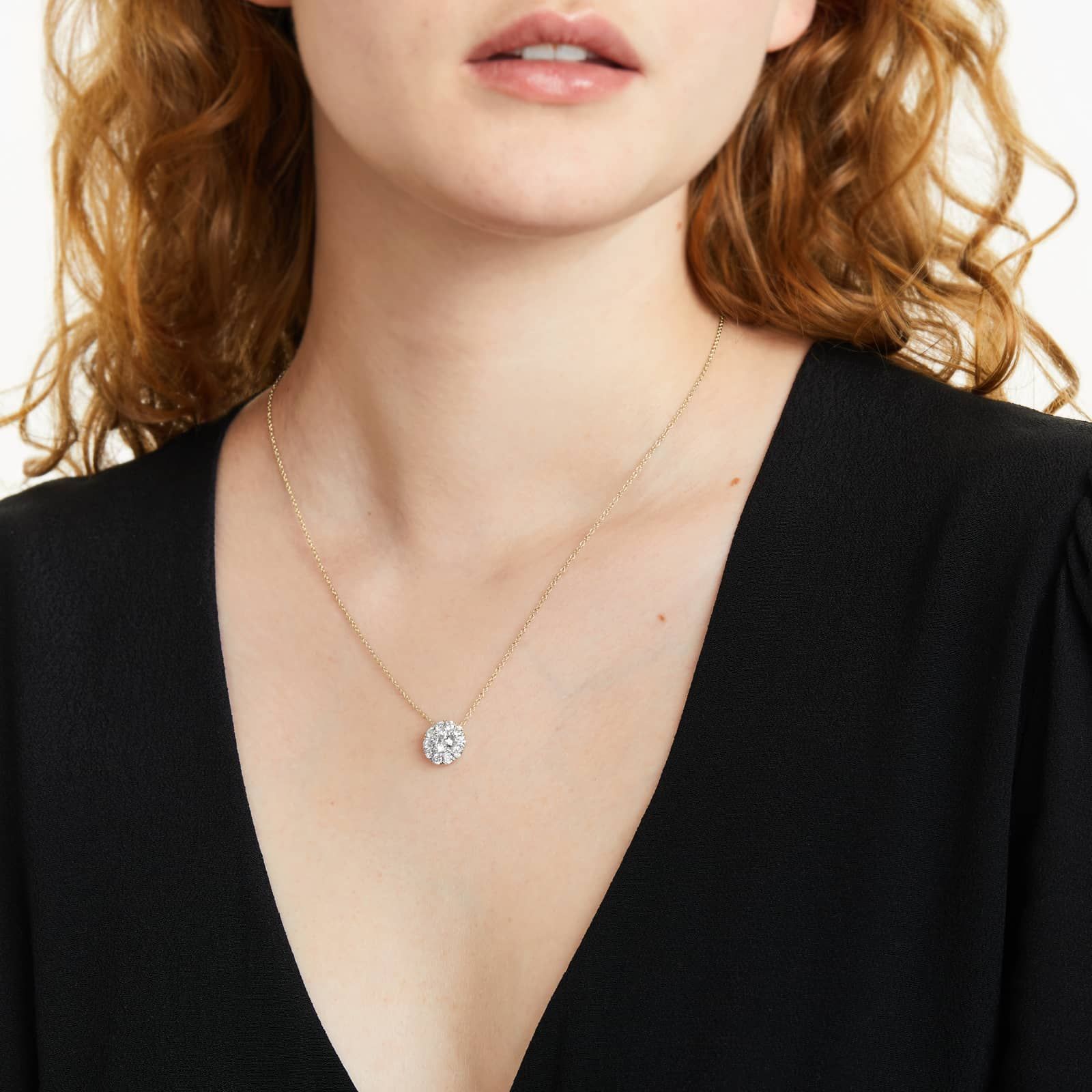 Round Lab Grown Diamond Halo Setting Pendant With Chain, EF Color, VS Clarity. IGI Certified