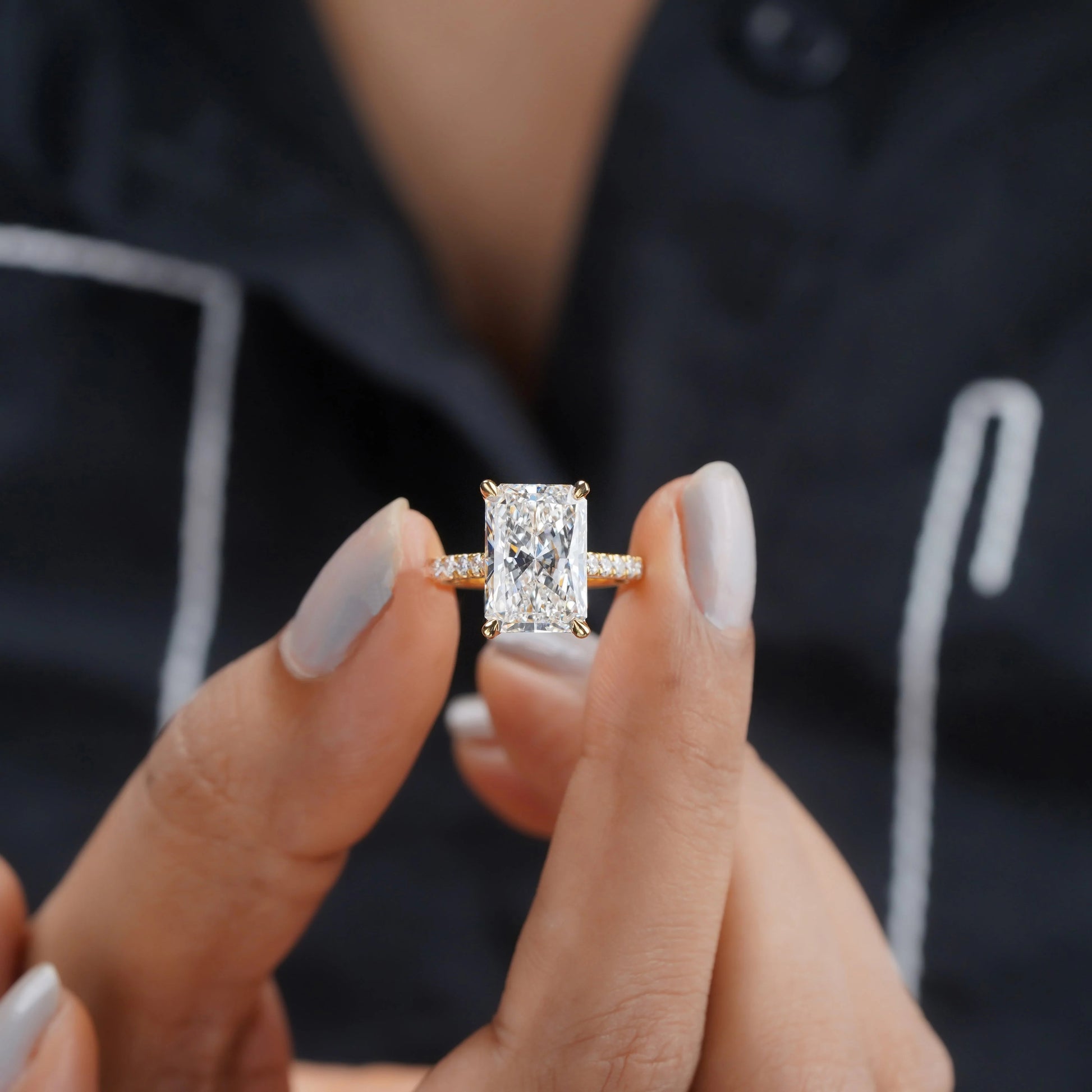 5.60tcw Radiant Lab Grown Diamond Engagement Ring | 5.00ct Radiant Center + 0.60ct Pavé & Hidden Halo | DEF VVS–VS | Cathedral 10K 14K 18K Yellow Gold | IGI Certified