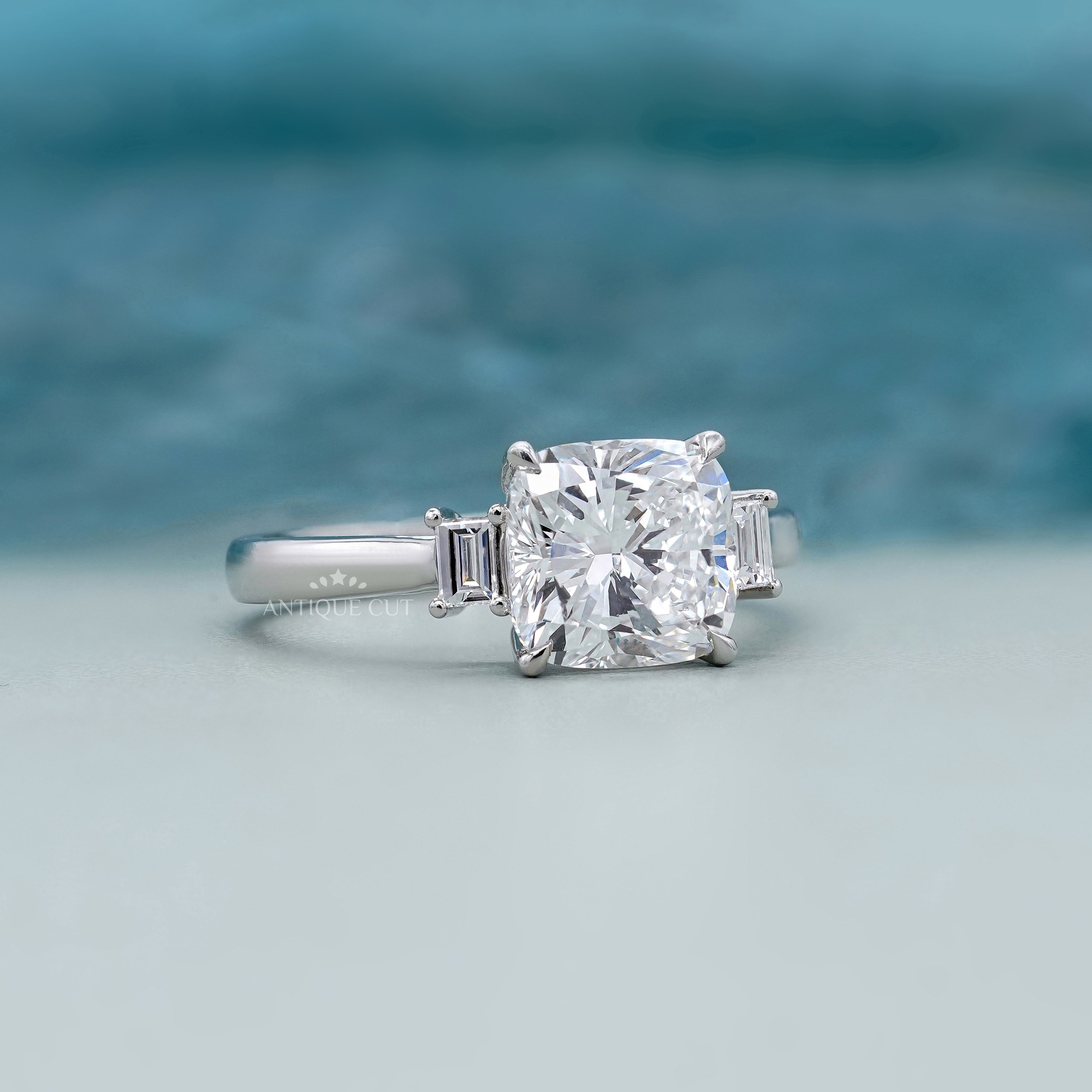 4.00ct Cushion Cut Diamond Engagement Ring | Three Stone Ring with 0.30ct Side Diamonds | Platinum / White Gold Bridal Jewelry