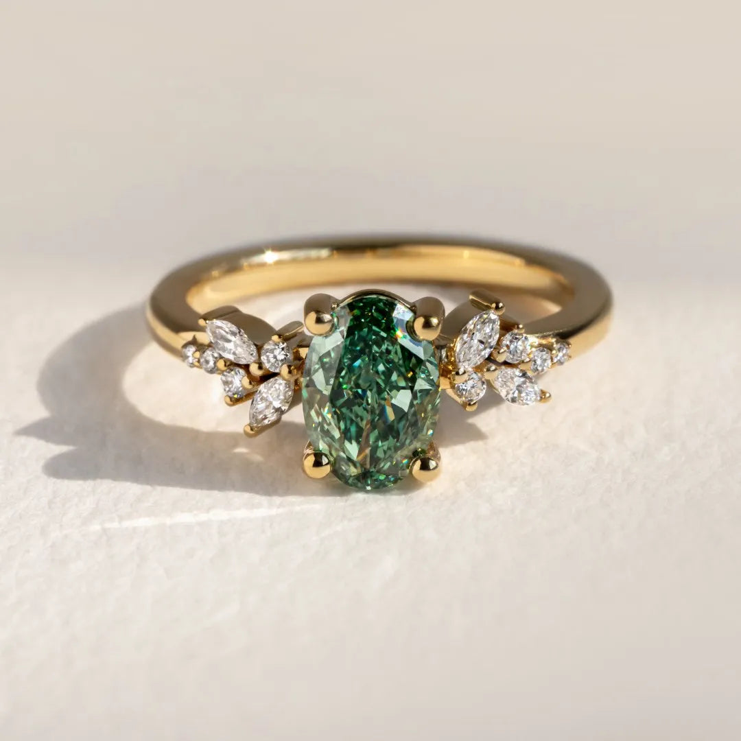 Common :: Seravique 1.54ct green oval cluster lab grown diamond engagement ring IGI certified