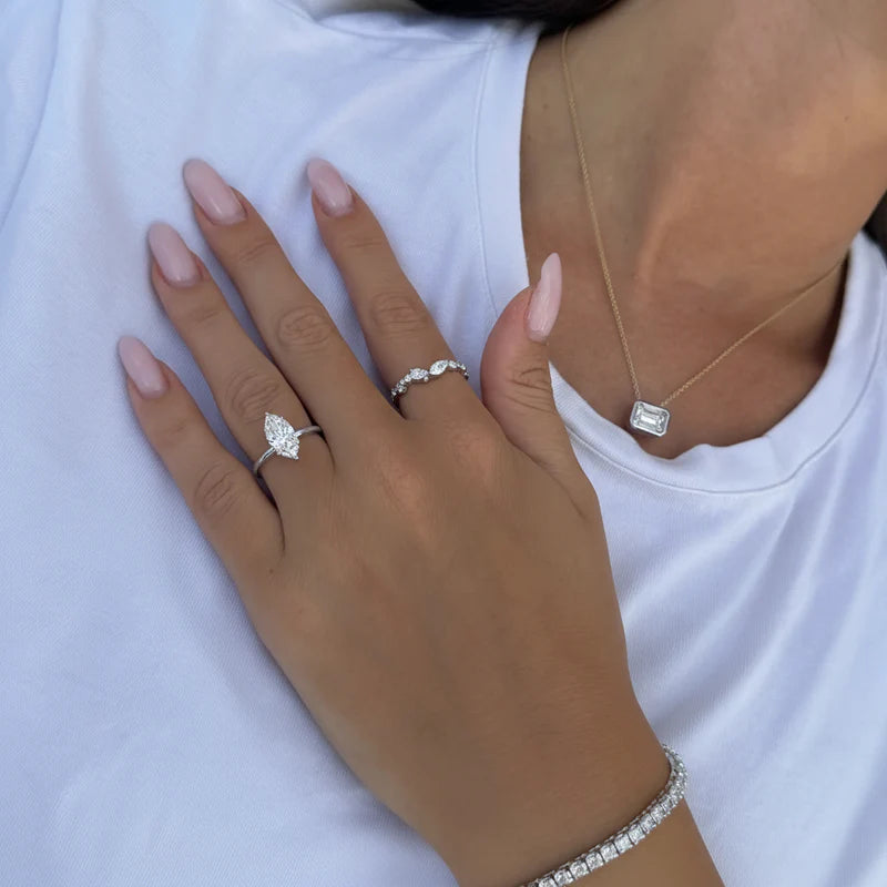 White :: marquise cut lab grown diamond engagement ring hidden halo white gold luxury