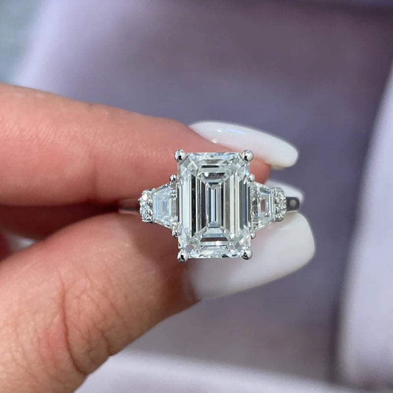 White :: Virellea emerald lab grown diamond three stone ring IGI certified engagement ring