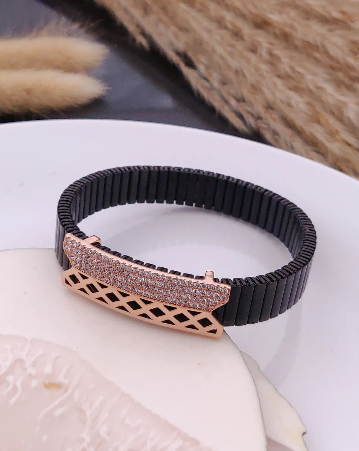 Mens Rose Gold Lattice Bracelet Black Stretch Band with Full Diamond Bar