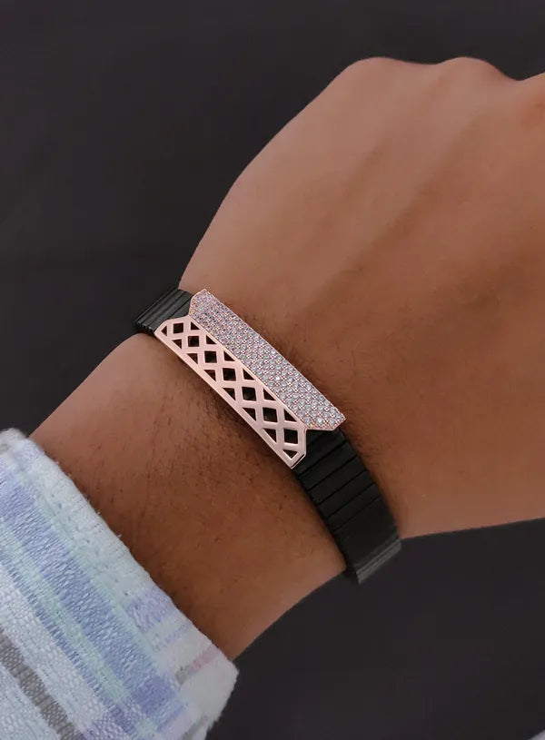 Mens Rose Gold Lattice Bracelet Black Stretch Band with Full Diamond Bar