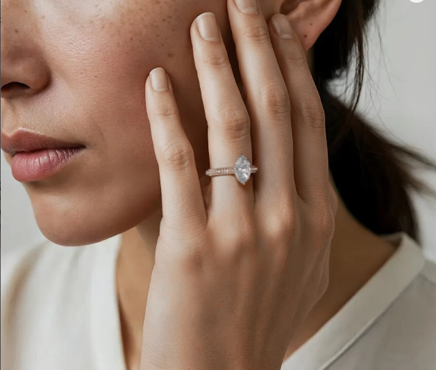 Rose :: marquise lab grown diamond engagement ring with hidden halo and pavé band