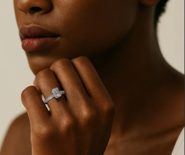 White :: emerald cut lab grown diamond engagement ring hidden halo pavé band