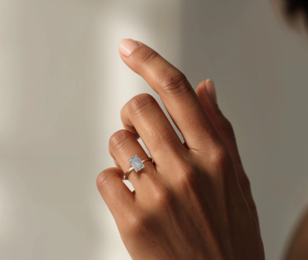 Rose :: emerald lab grown diamond engagement ring with hidden halo brilliance