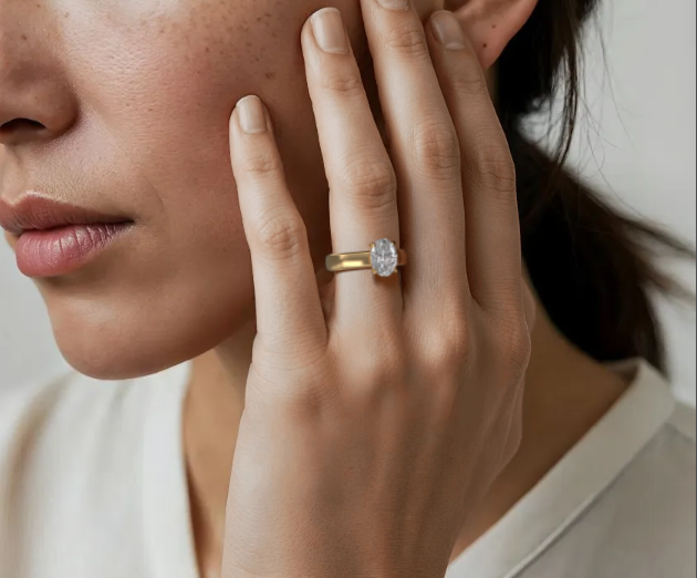 Yellow :: modern hidden halo oval cut lab diamond ring white gold band