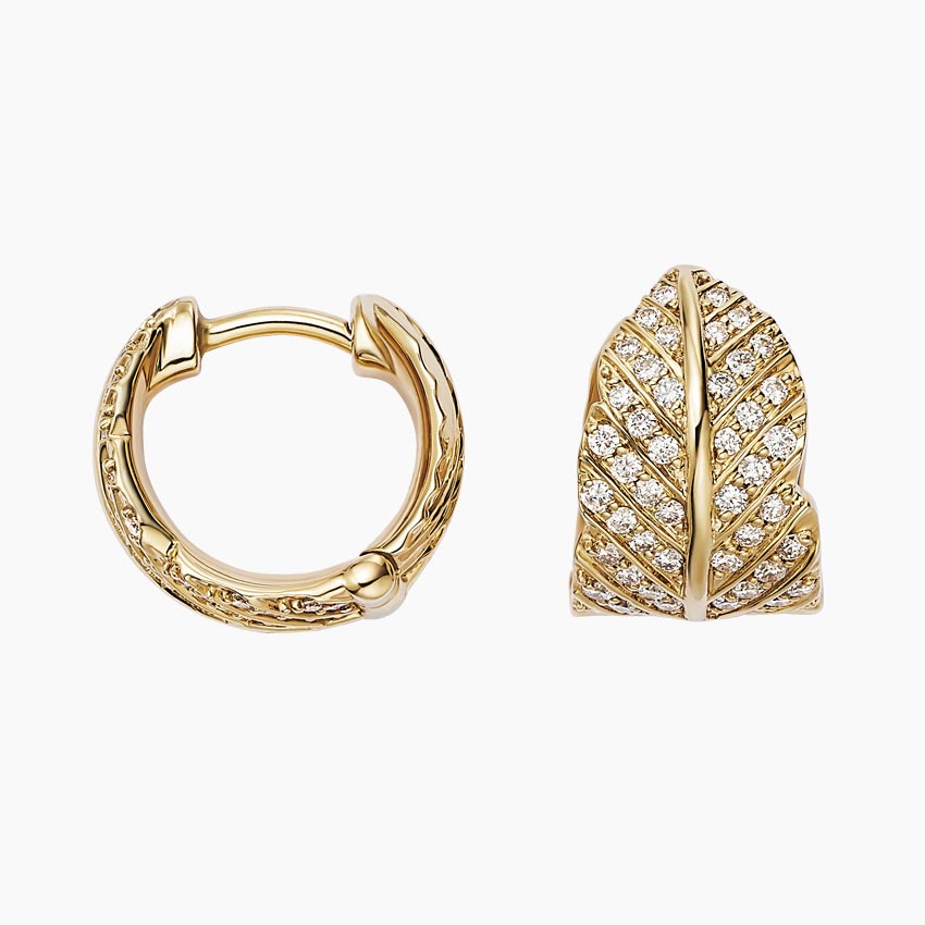 Common :: minimalist lab grown diamond huggie hoops leaf style white gold natural inspired everyday luxury earrings