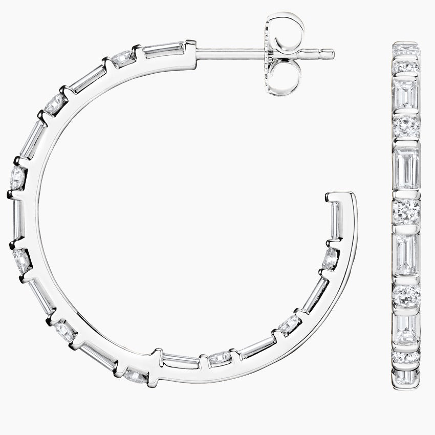 Round And Baguette Lab Grown Diamond Hoop Earrings, EF Color, VS Clarity, IGI Certified