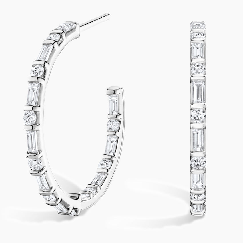 Round And Baguette Lab Grown Diamond Hoop Earrings, EF Color, VS Clarity, IGI Certified