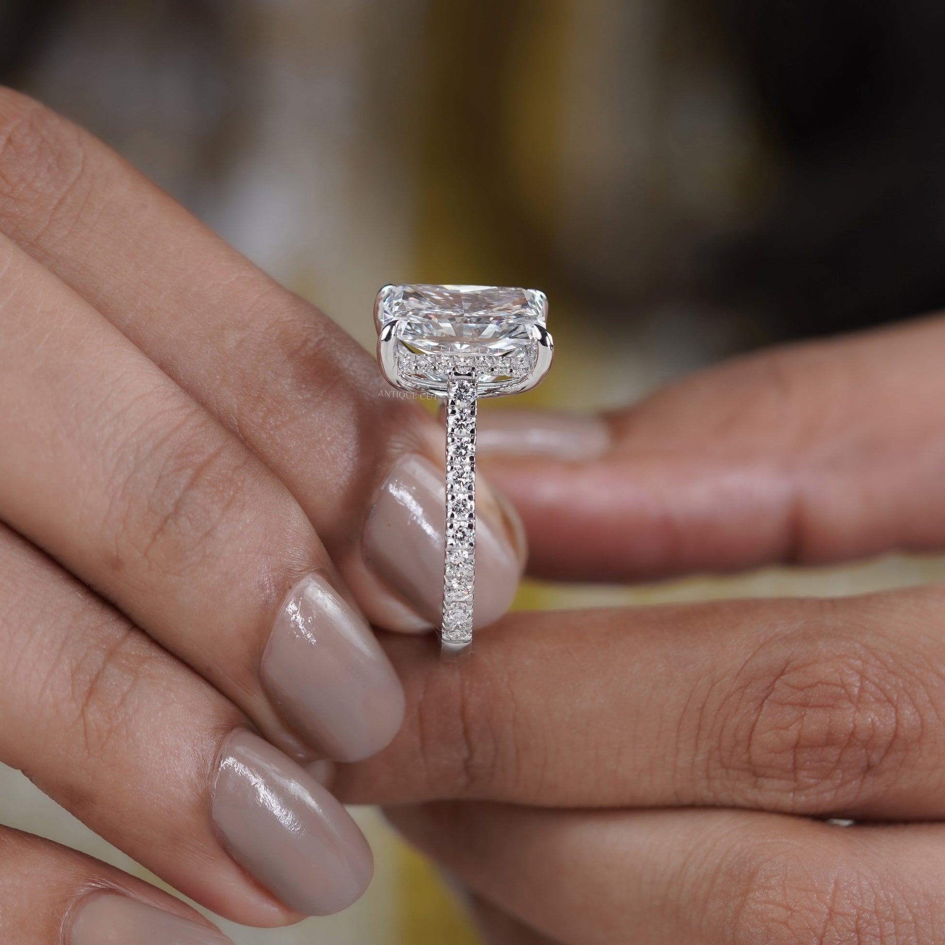 Radiant Cut 5.70tcw Lab Grown Diamond Engagement Ring | Hidden Halo Pavé Band | IGI Certified