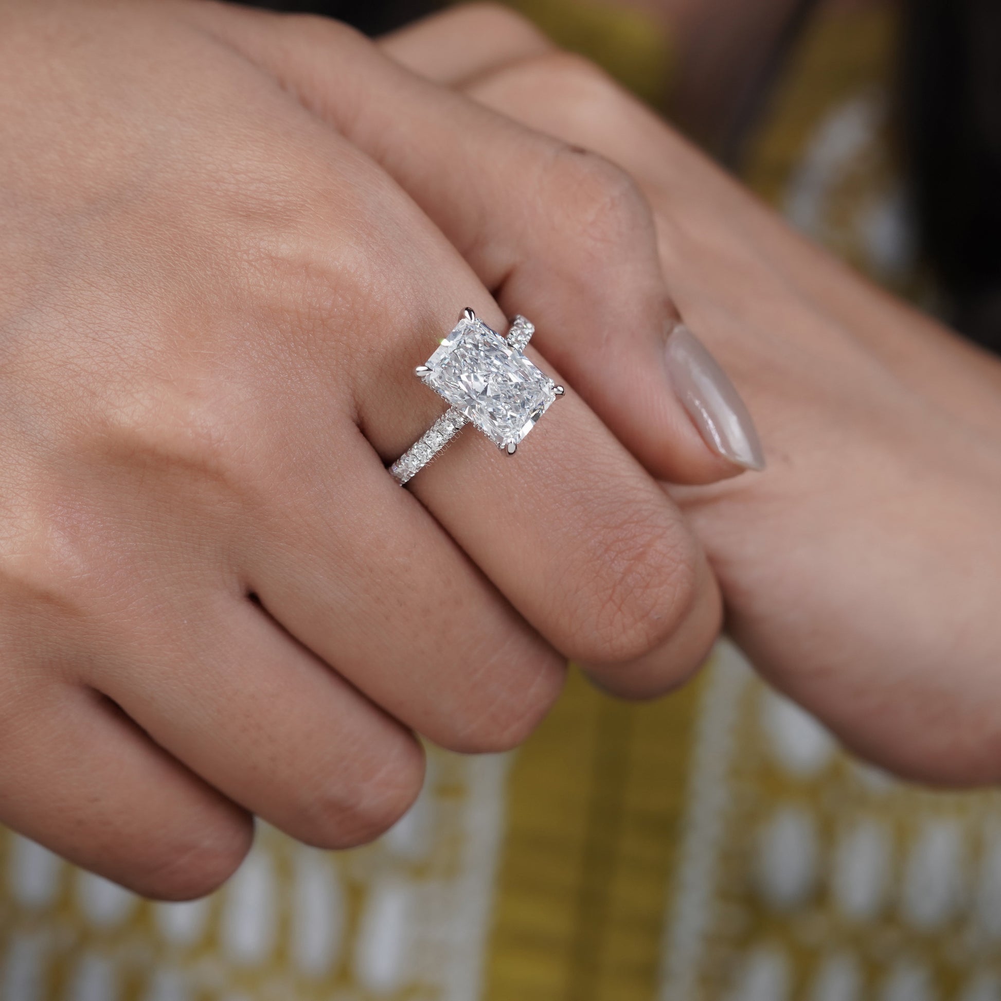 Radiant Cut 5.70tcw Lab Grown Diamond Engagement Ring | Hidden Halo Pavé Band | IGI Certified