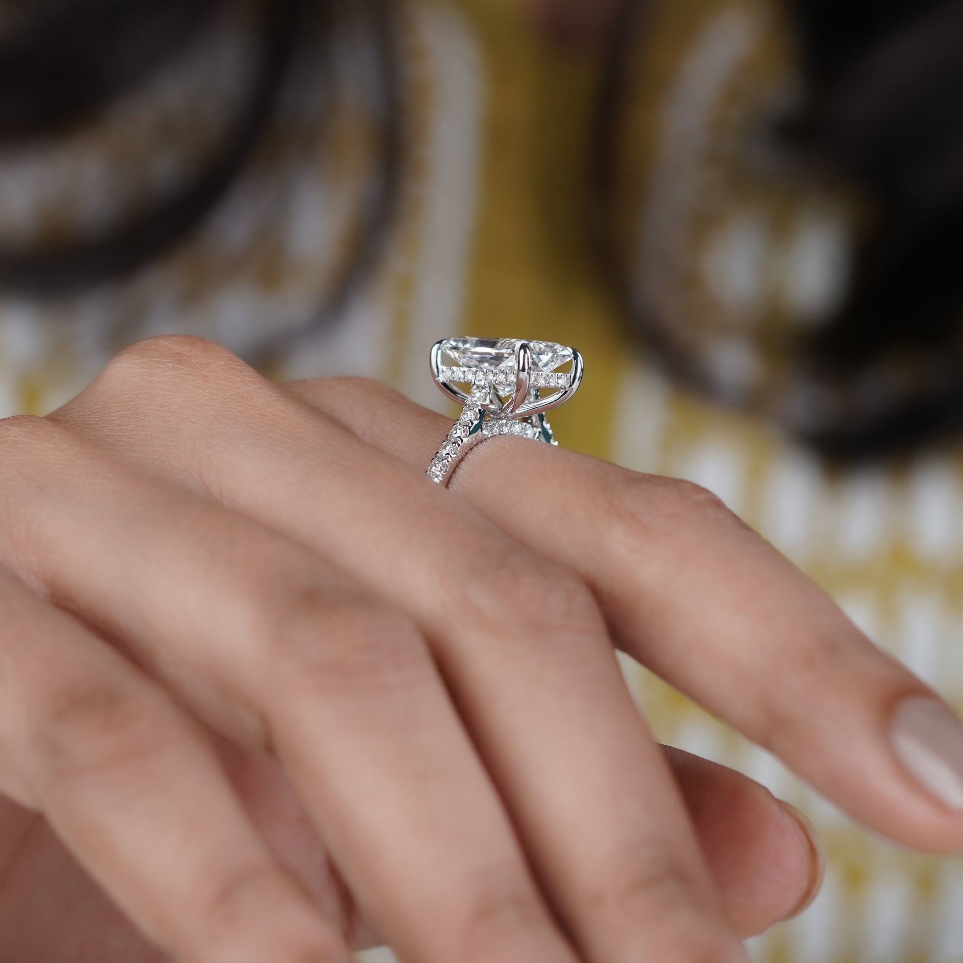 Radiant Cut 5.70tcw Lab Grown Diamond Engagement Ring | Hidden Halo Pavé Band | IGI Certified