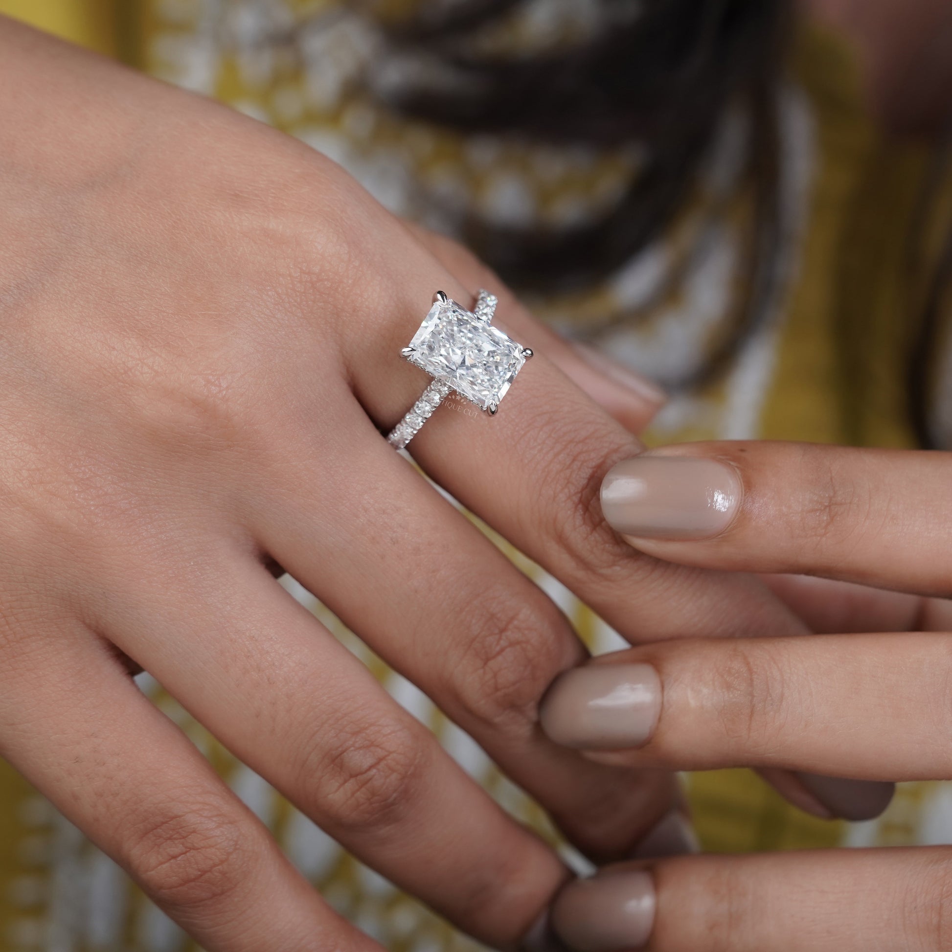 Radiant Cut 5.70tcw Lab Grown Diamond Engagement Ring | Hidden Halo Pavé Band | IGI Certified