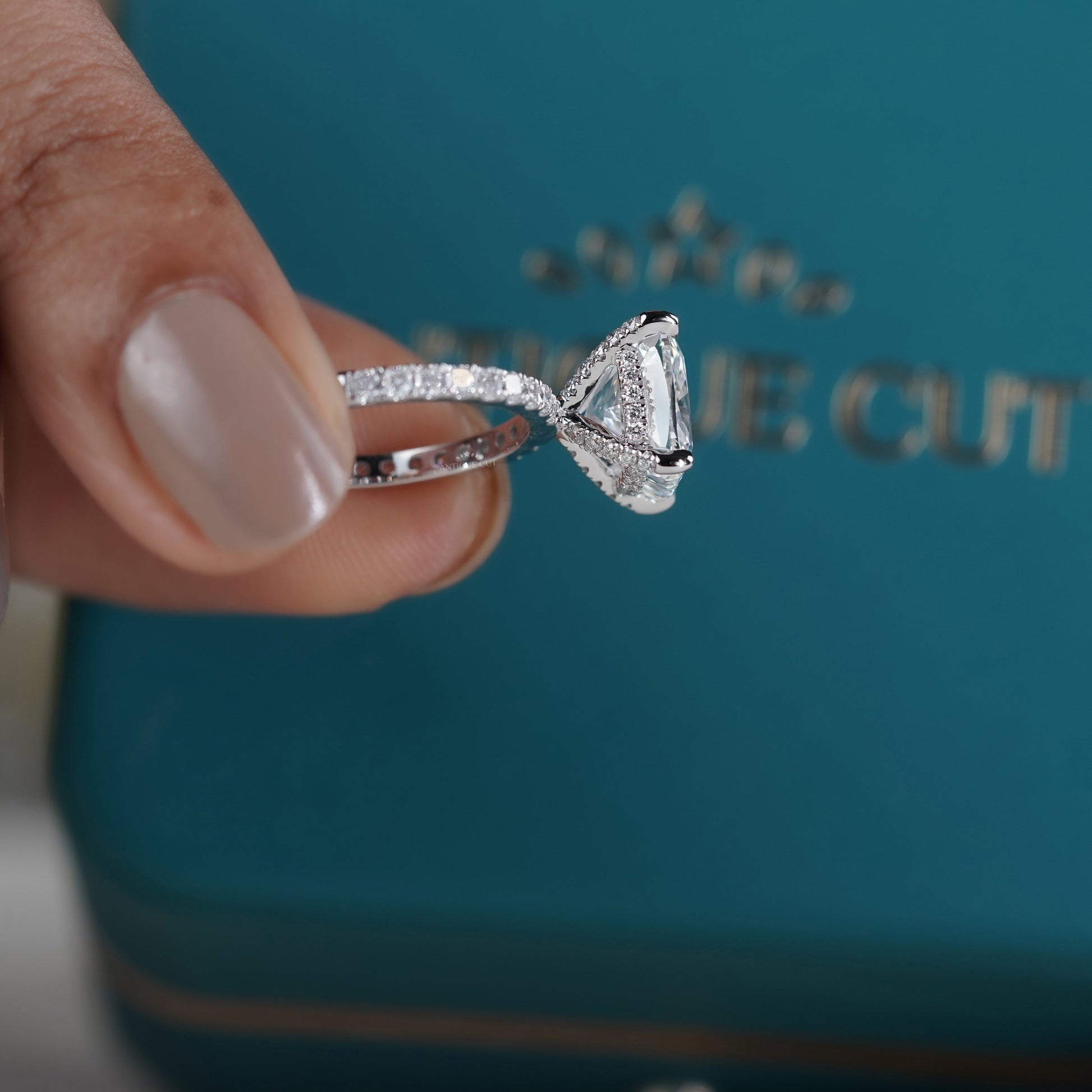 Cushion Cut 4.50tcw Lab Grown Diamond Engagement Ring | Hidden Halo Pavé Band | IGI Certified