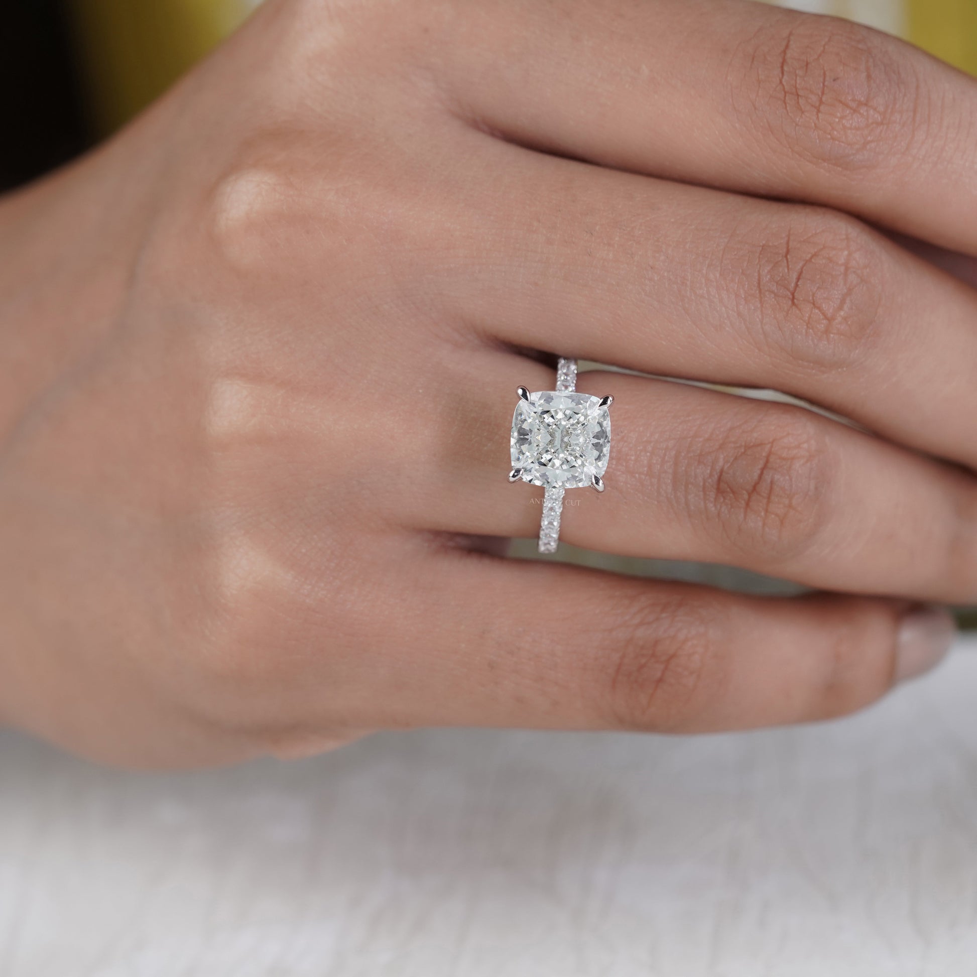 Cushion Cut 4.50tcw Lab Grown Diamond Engagement Ring | Hidden Halo Pavé Band | IGI Certified