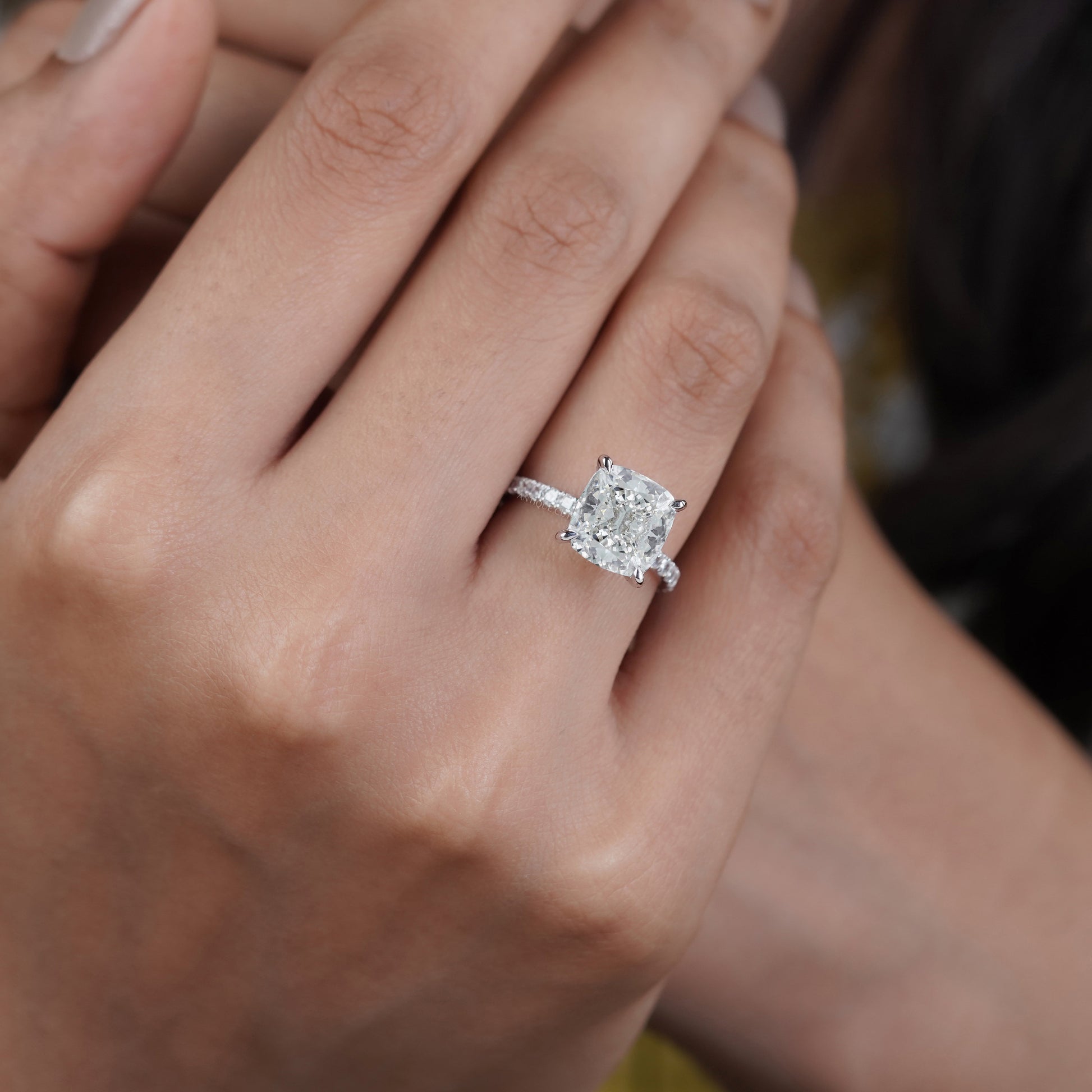 Cushion Cut 4.50tcw Lab Grown Diamond Engagement Ring | Hidden Halo Pavé Band | IGI Certified