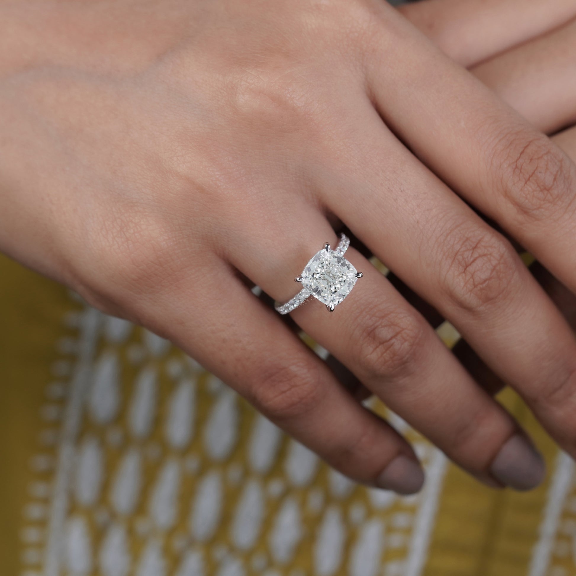 Cushion Cut 4.50tcw Lab Grown Diamond Engagement Ring | Hidden Halo Pavé Band | IGI Certified