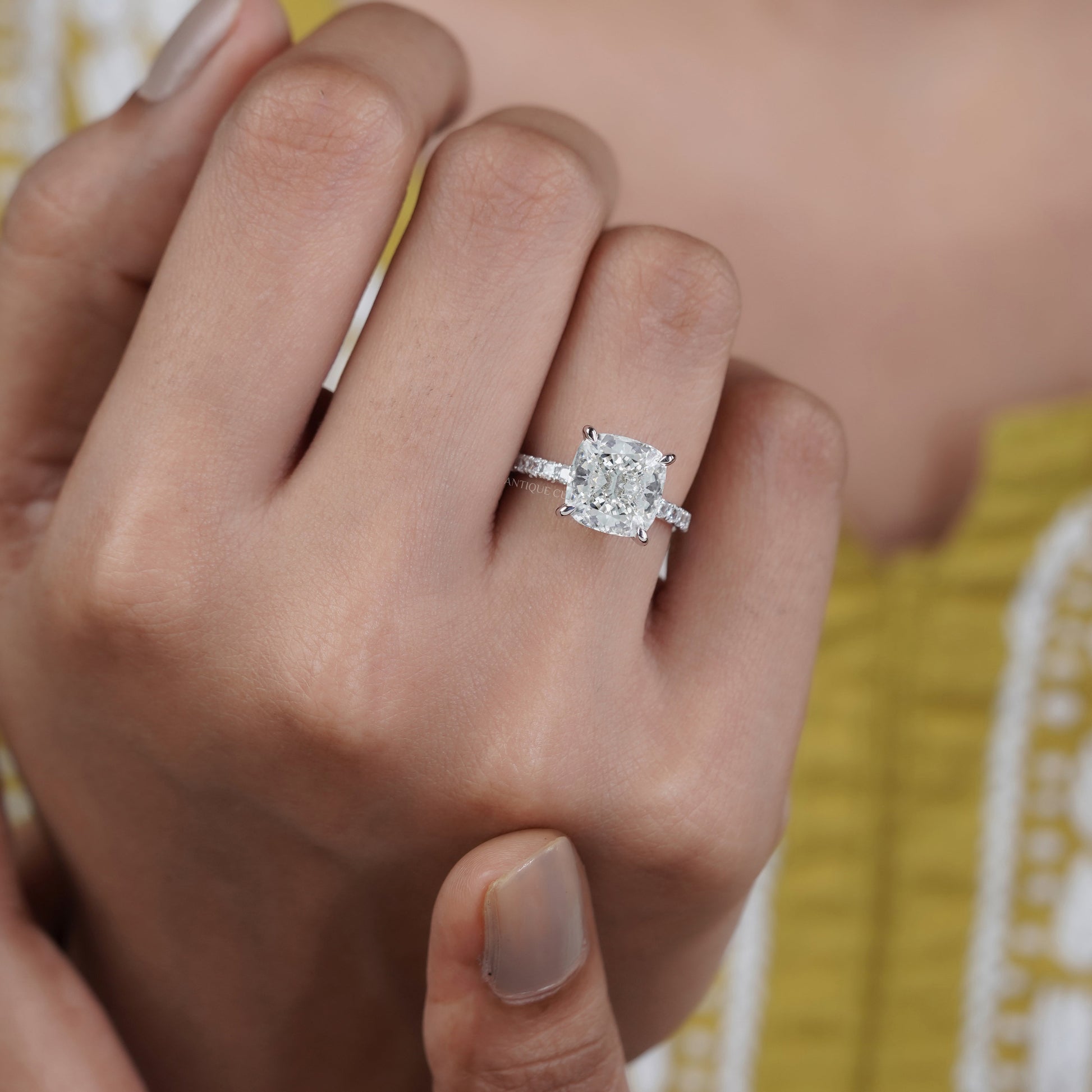 Cushion Cut 4.50tcw Lab Grown Diamond Engagement Ring | Hidden Halo Pavé Band | IGI Certified