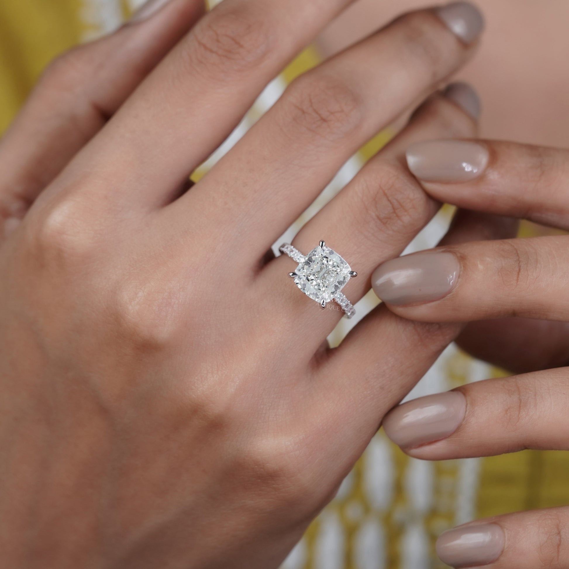 Cushion Cut 4.50tcw Lab Grown Diamond Engagement Ring | Hidden Halo Pavé Band | IGI Certified