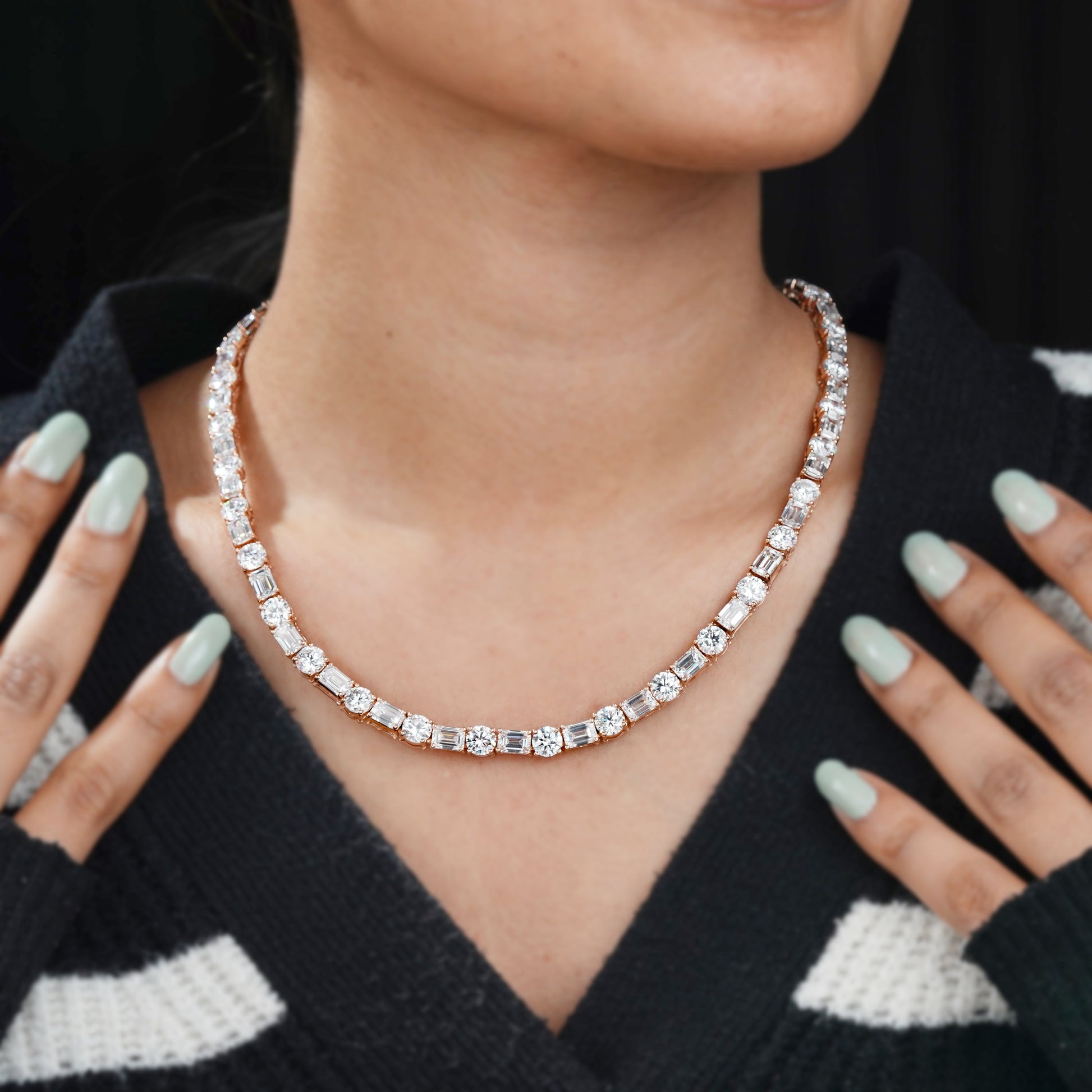 Emerald And Round 80.00tcw Lab Grown Diamond Tennis Necklace, EF color, VS Clarity