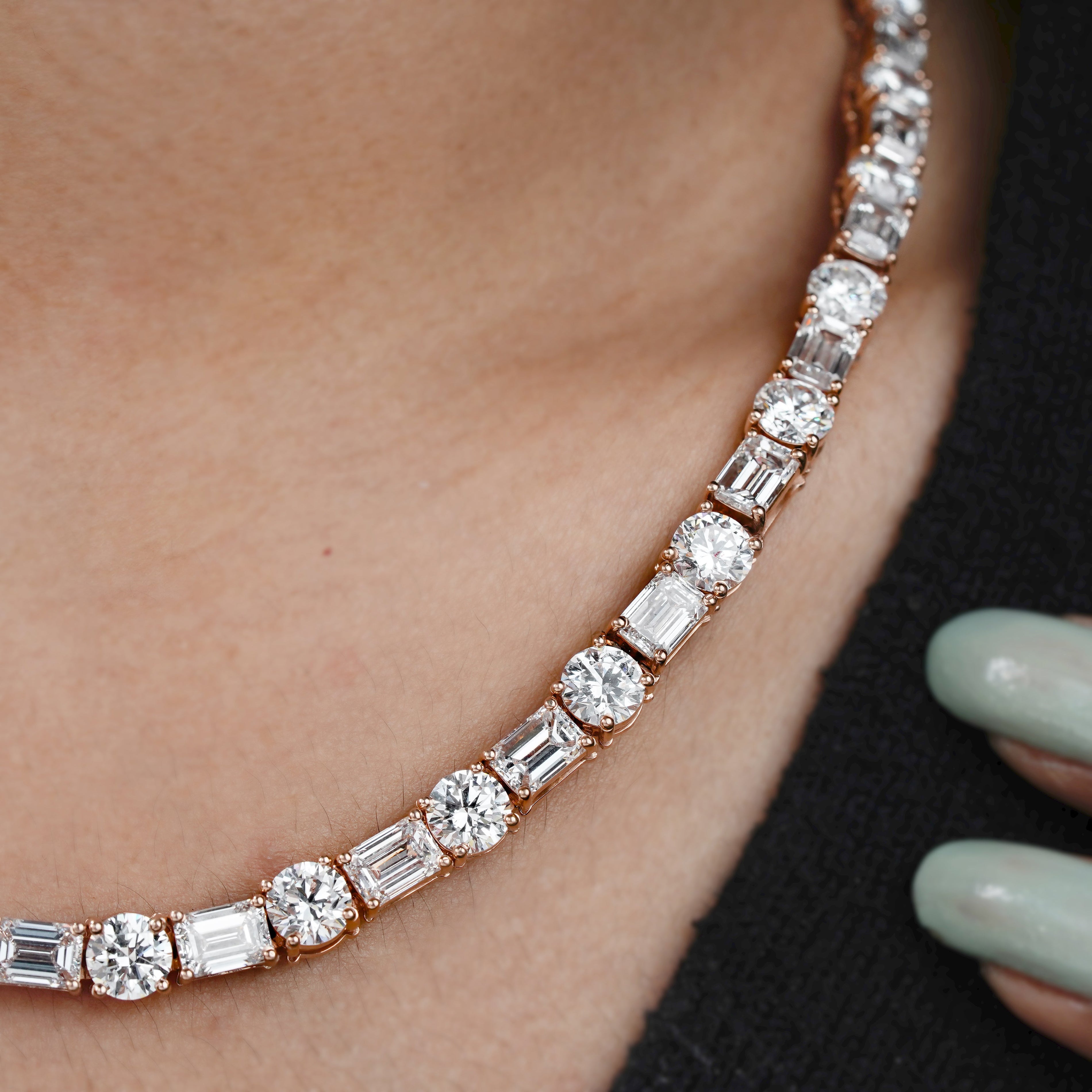 Emerald And Round 80.00tcw Lab Grown Diamond Tennis Necklace, EF color, VS Clarity