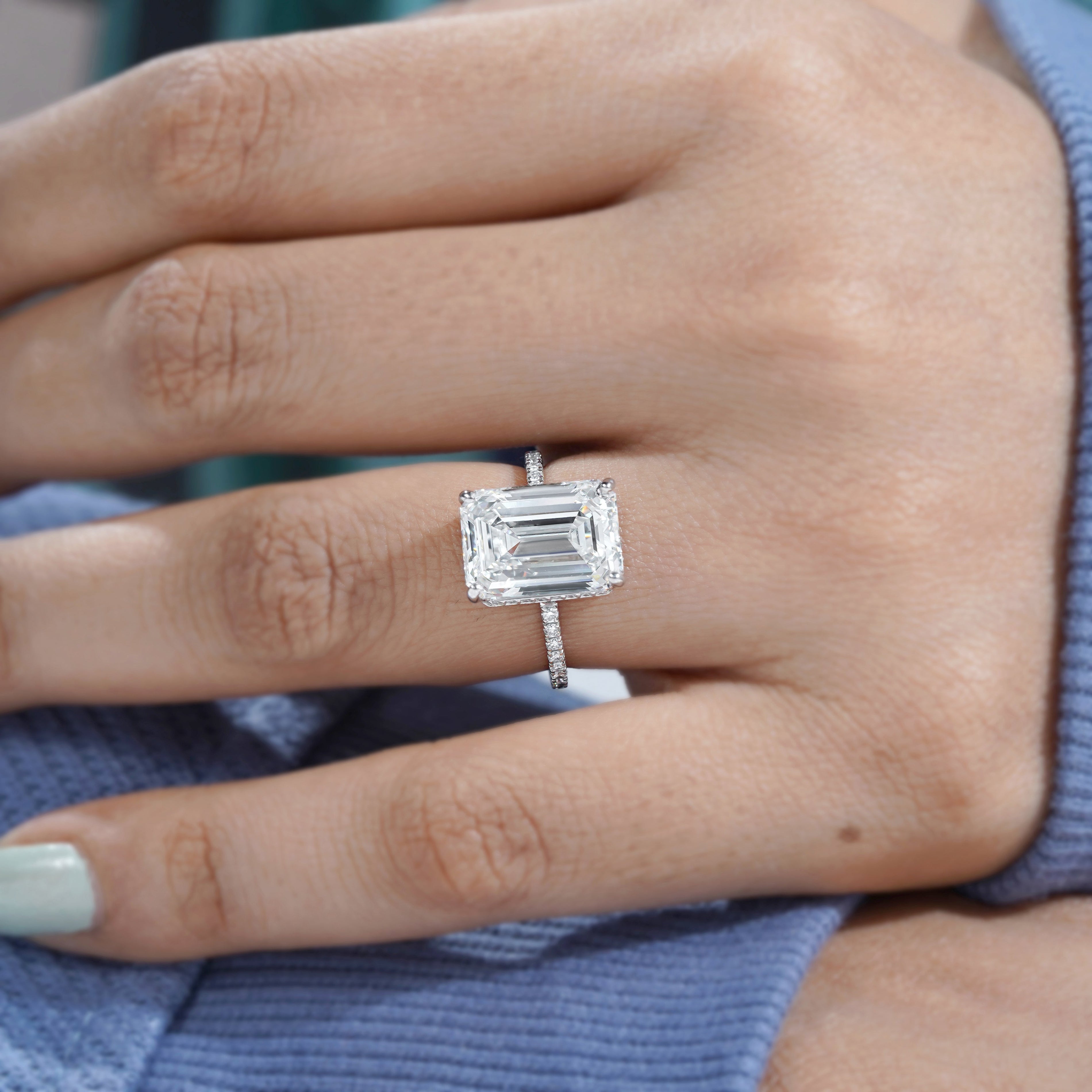 Emerald 6.40tcw Lab Grown Diamond Hidden Halo Pave Engagement Ring | IGI Certified | DEF VVS–VS