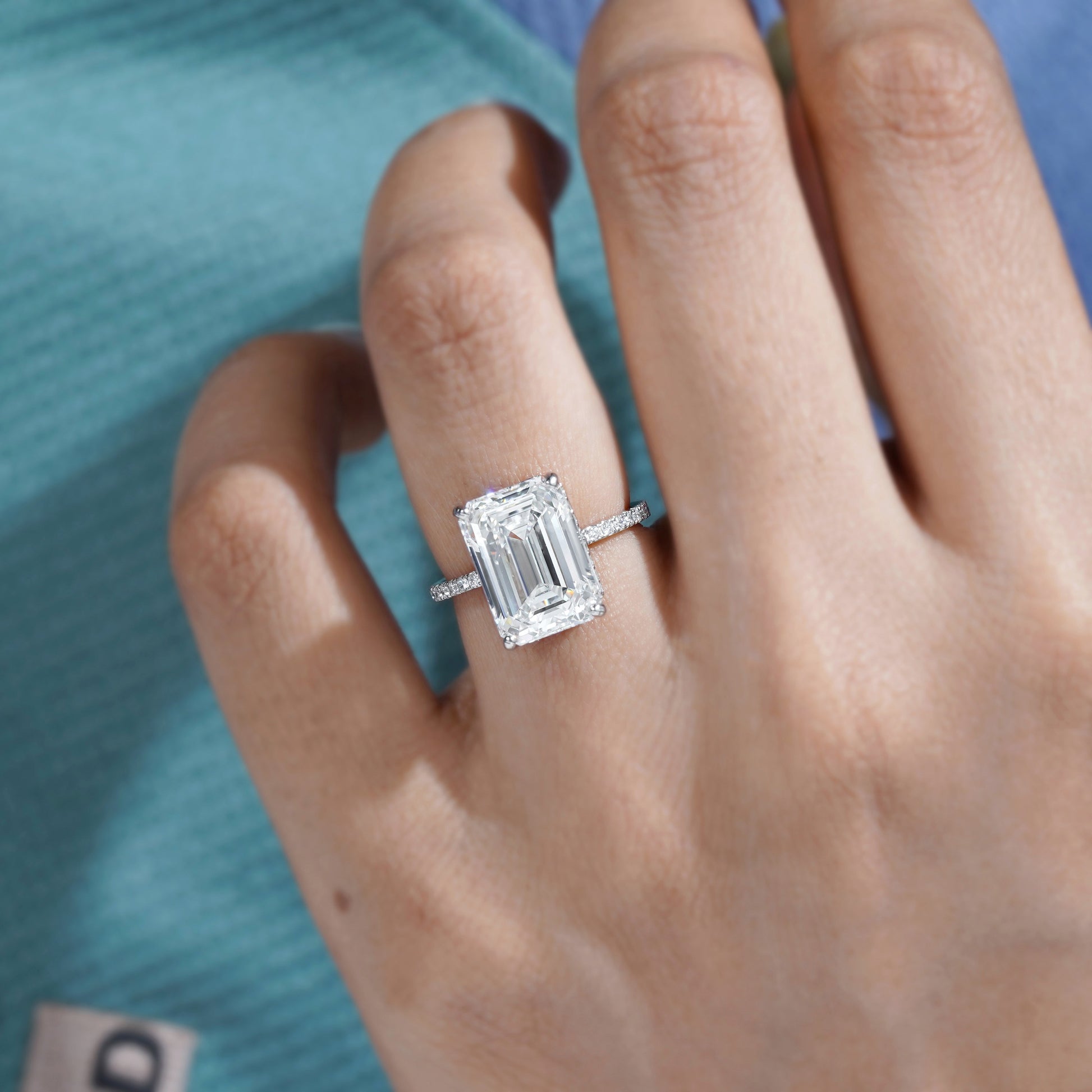 Emerald 6.40tcw Lab Grown Diamond Hidden Halo Pave Engagement Ring | IGI Certified | DEF VVS–VS