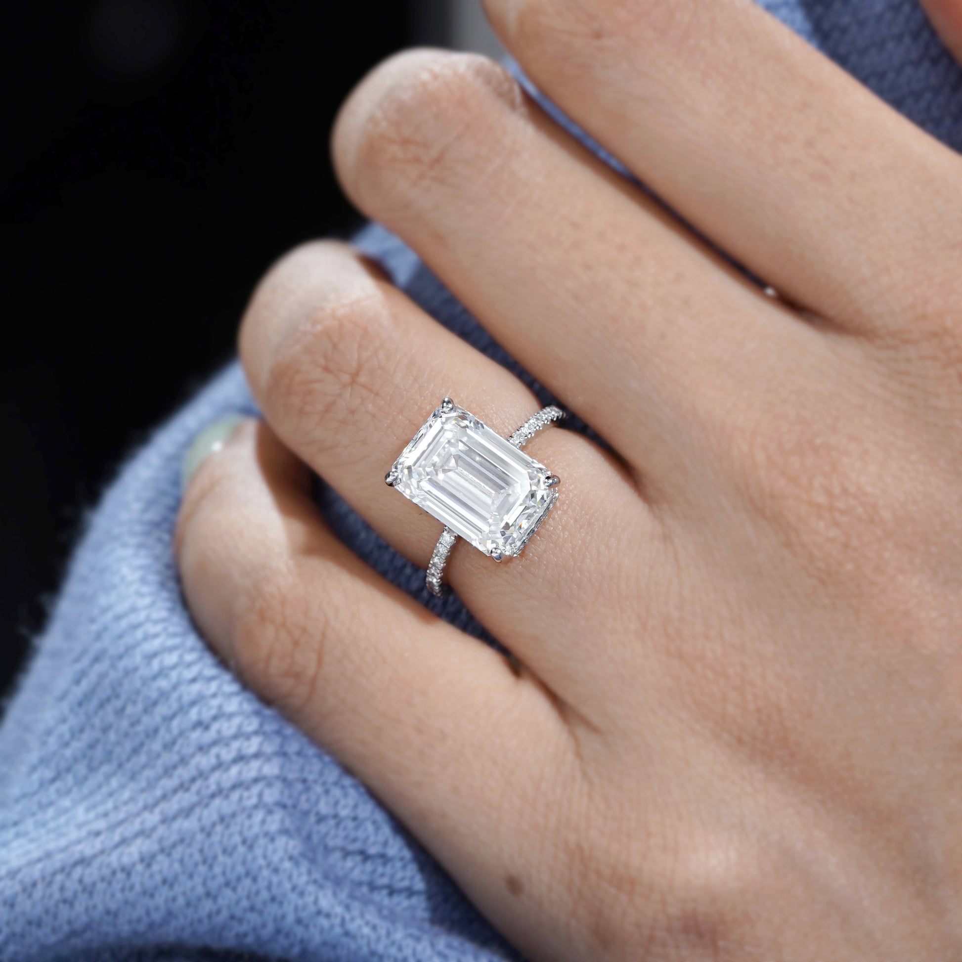 Emerald 6.40tcw Lab Grown Diamond Hidden Halo Pave Engagement Ring | IGI Certified | DEF VVS–VS