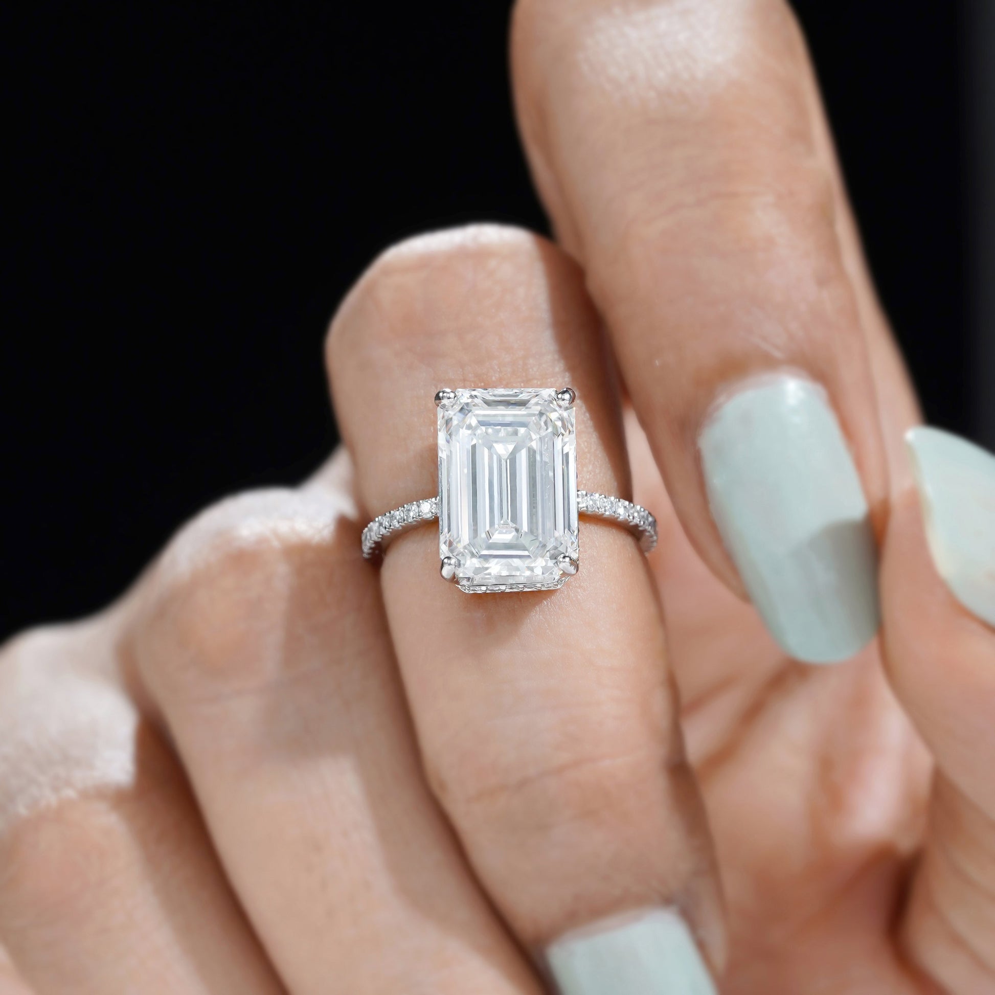 Emerald 6.40tcw Lab Grown Diamond Hidden Halo Pave Engagement Ring | IGI Certified | DEF VVS–VS