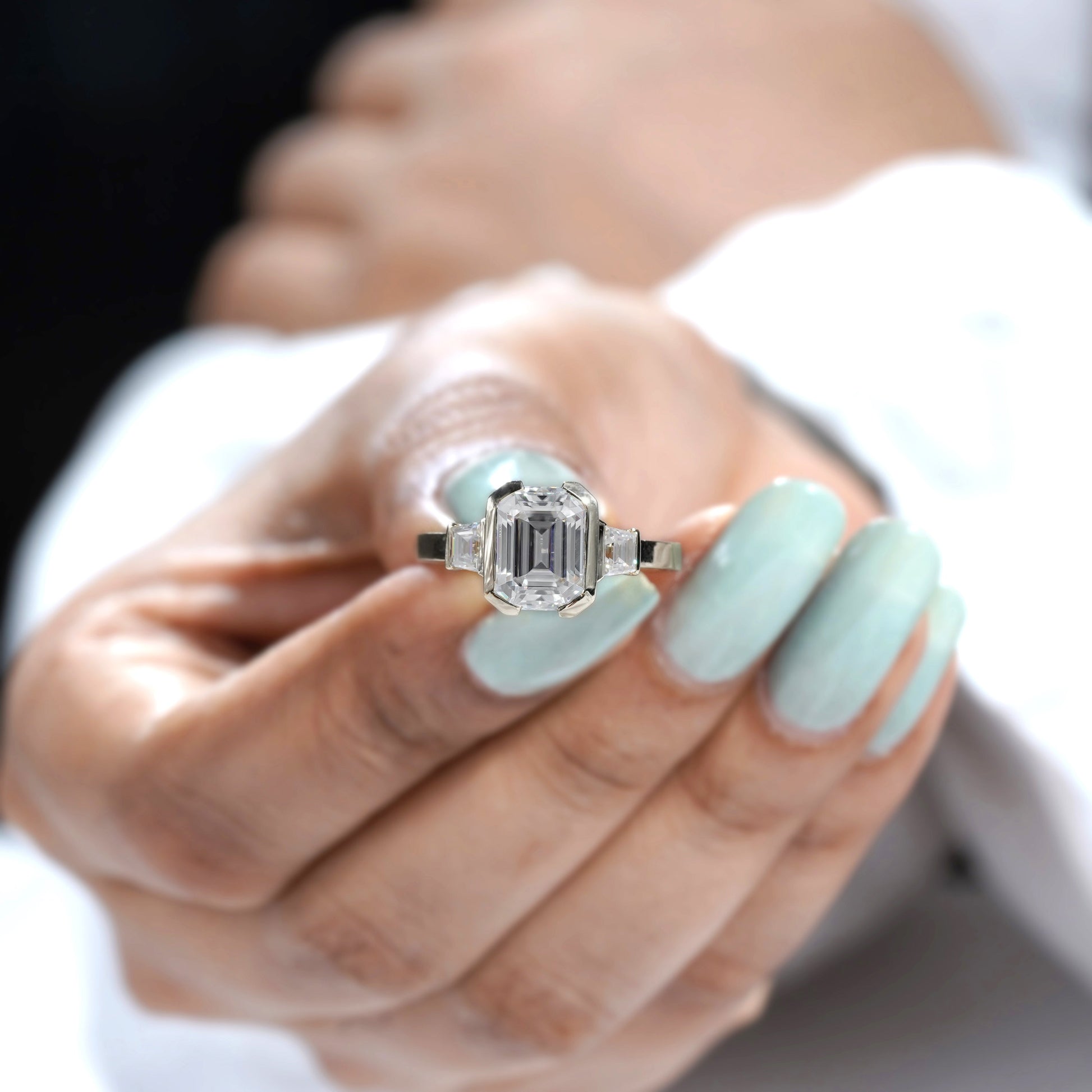 Emerald 4.00tcw Lab Grown Diamond Half Bezel Engagement Ring | IGI Certified | DEF VVS–VS