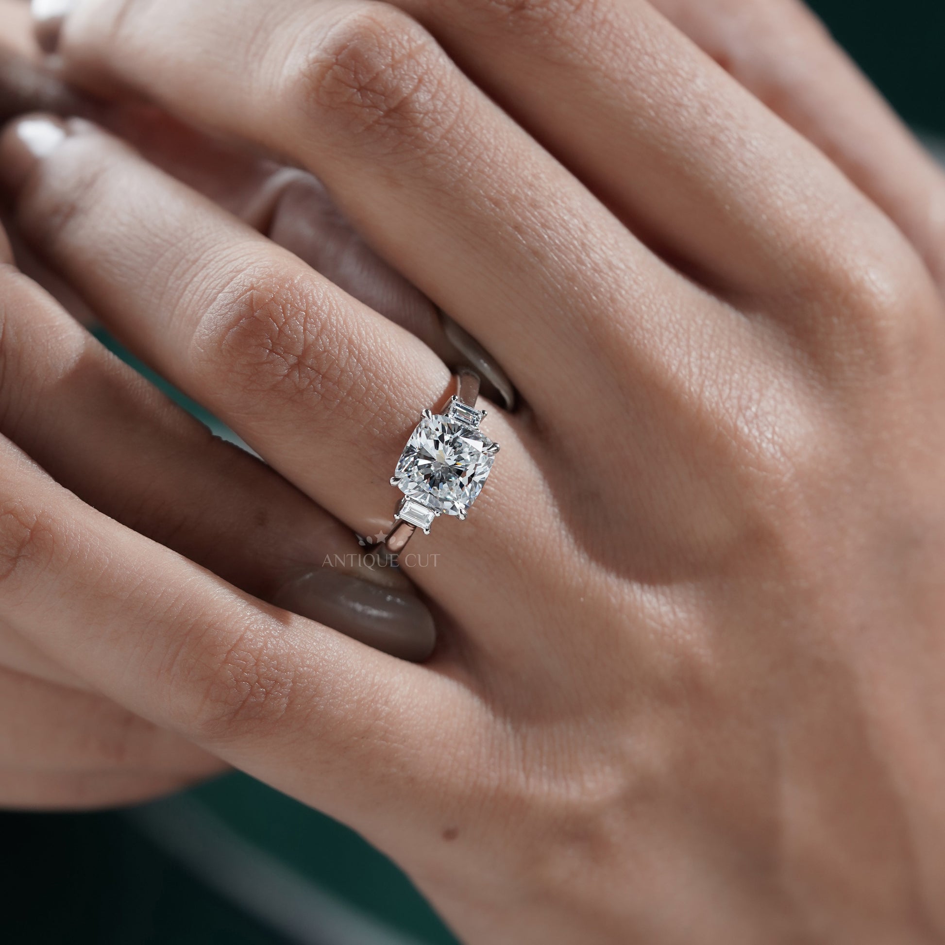 4.00ct Cushion Cut Diamond Engagement Ring | Three Stone Ring with 0.30ct Side Diamonds | Platinum / White Gold Bridal Jewelry