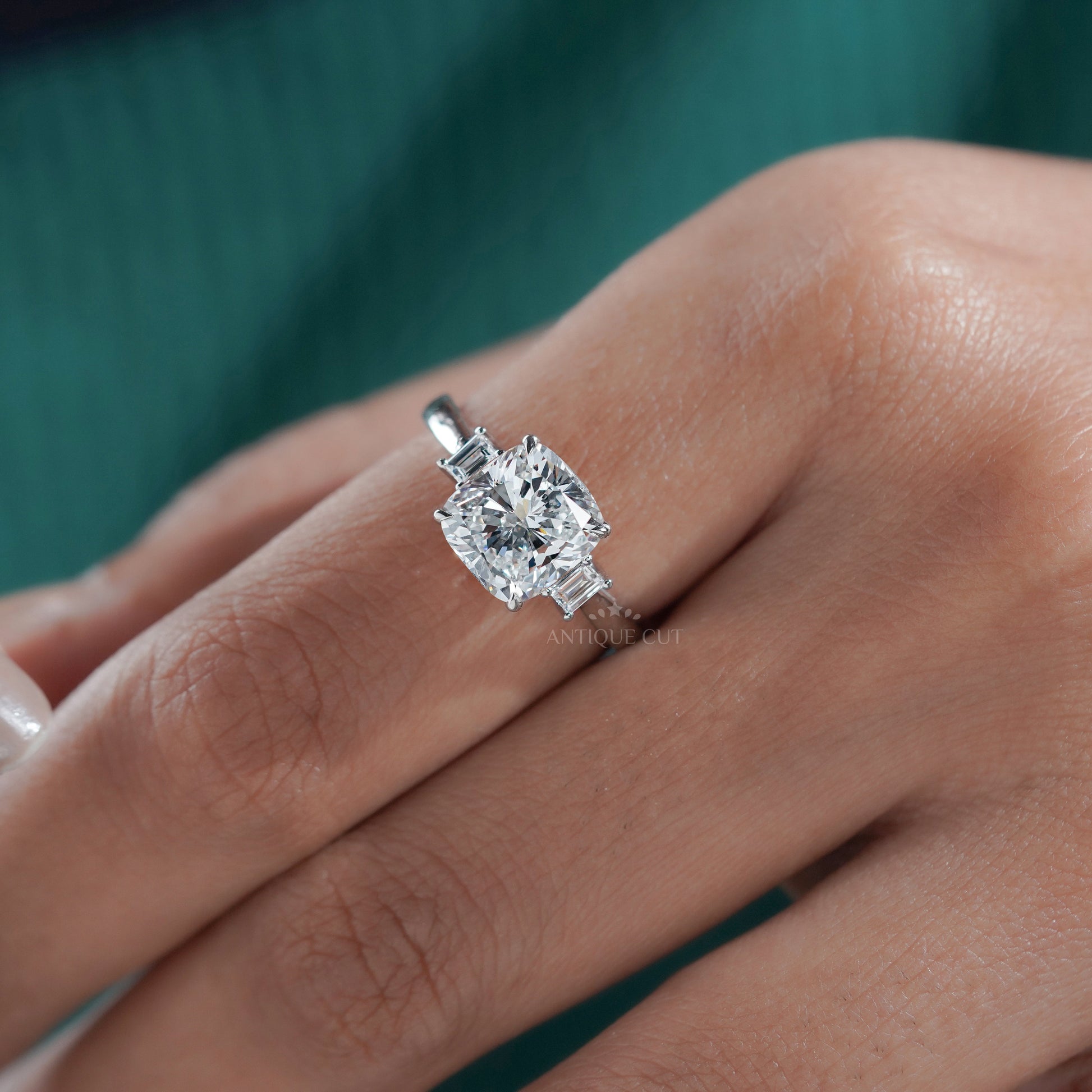 4.00ct Cushion Cut Diamond Engagement Ring | Three Stone Ring with 0.30ct Side Diamonds | Platinum / White Gold Bridal Jewelry