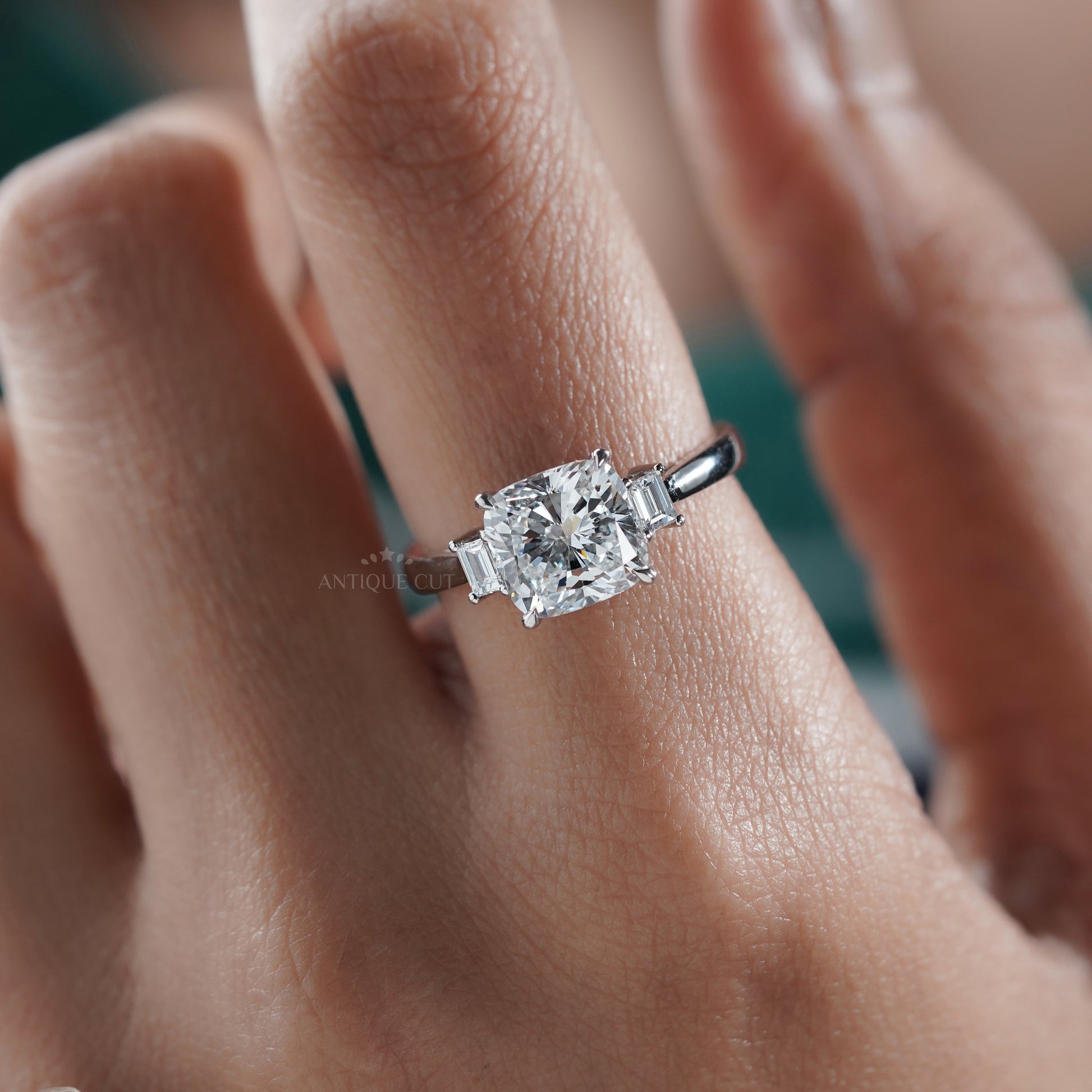 4.00ct Cushion Cut Diamond Engagement Ring | Three Stone Ring with 0.30ct Side Diamonds | Platinum / White Gold Bridal Jewelry