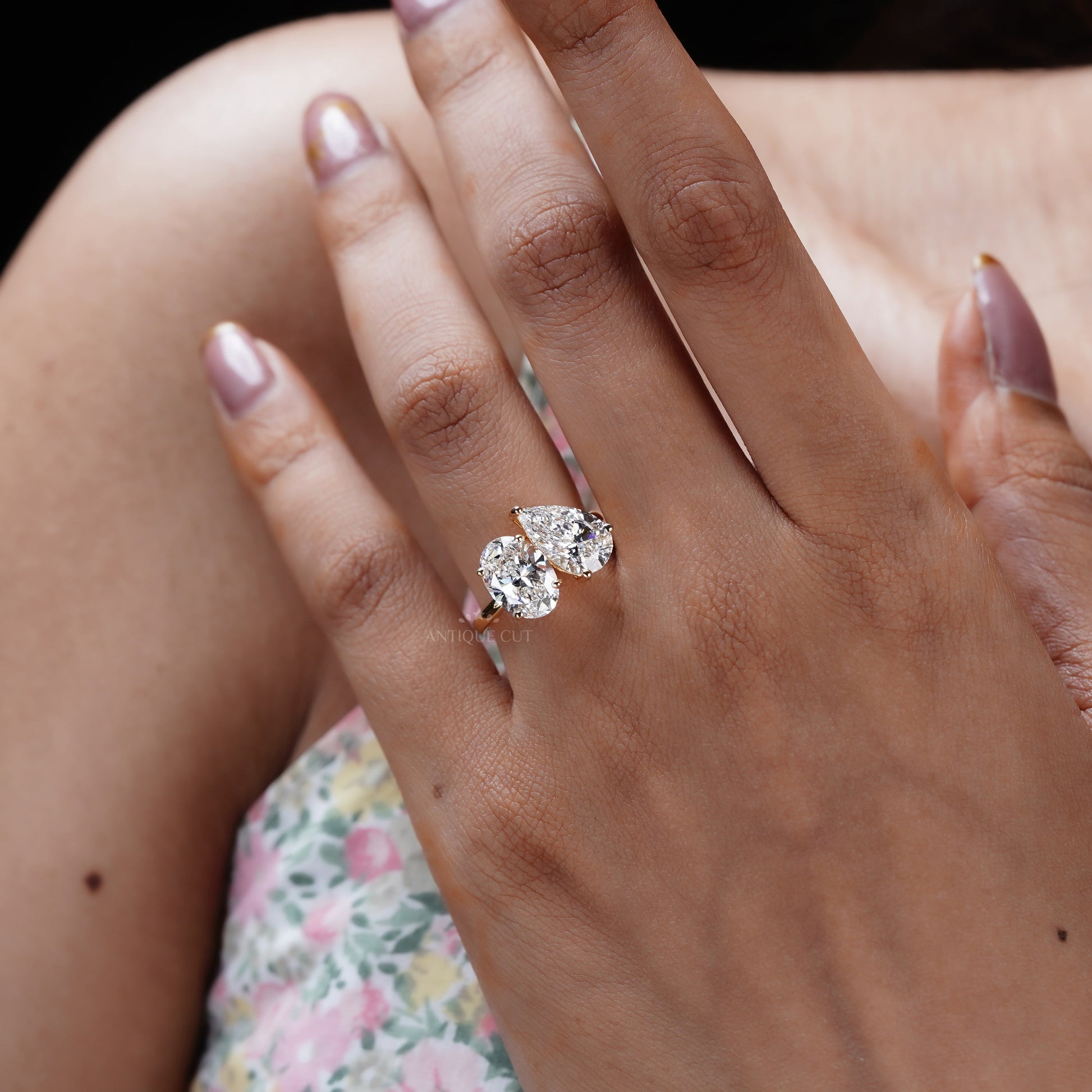 Toi et Moi 4.00tcw Lab Grown Diamond Ring | Oval & Pear | IGI Certified | Yellow Gold