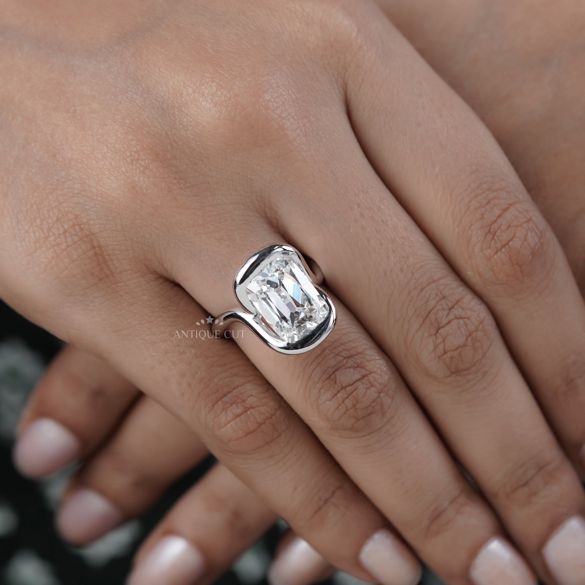 Cushion 5.10ct Lab Grown Diamond Swirl Bezel Ring | Modern Sculptural Setting | DEF Color | VVS–VS Clarity