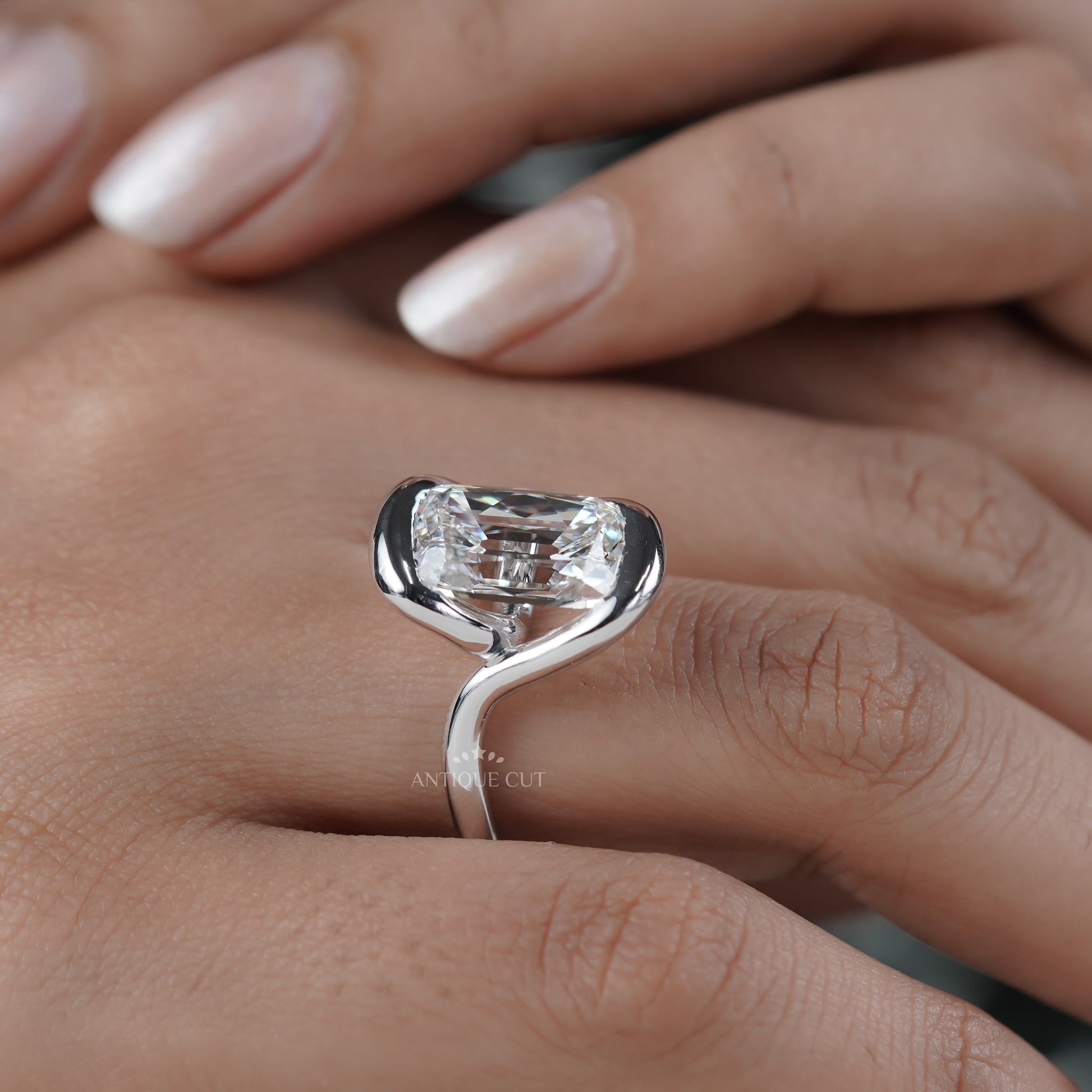 Cushion 5.10ct Lab Grown Diamond Swirl Bezel Ring | Modern Sculptural Setting | DEF Color | VVS–VS Clarity