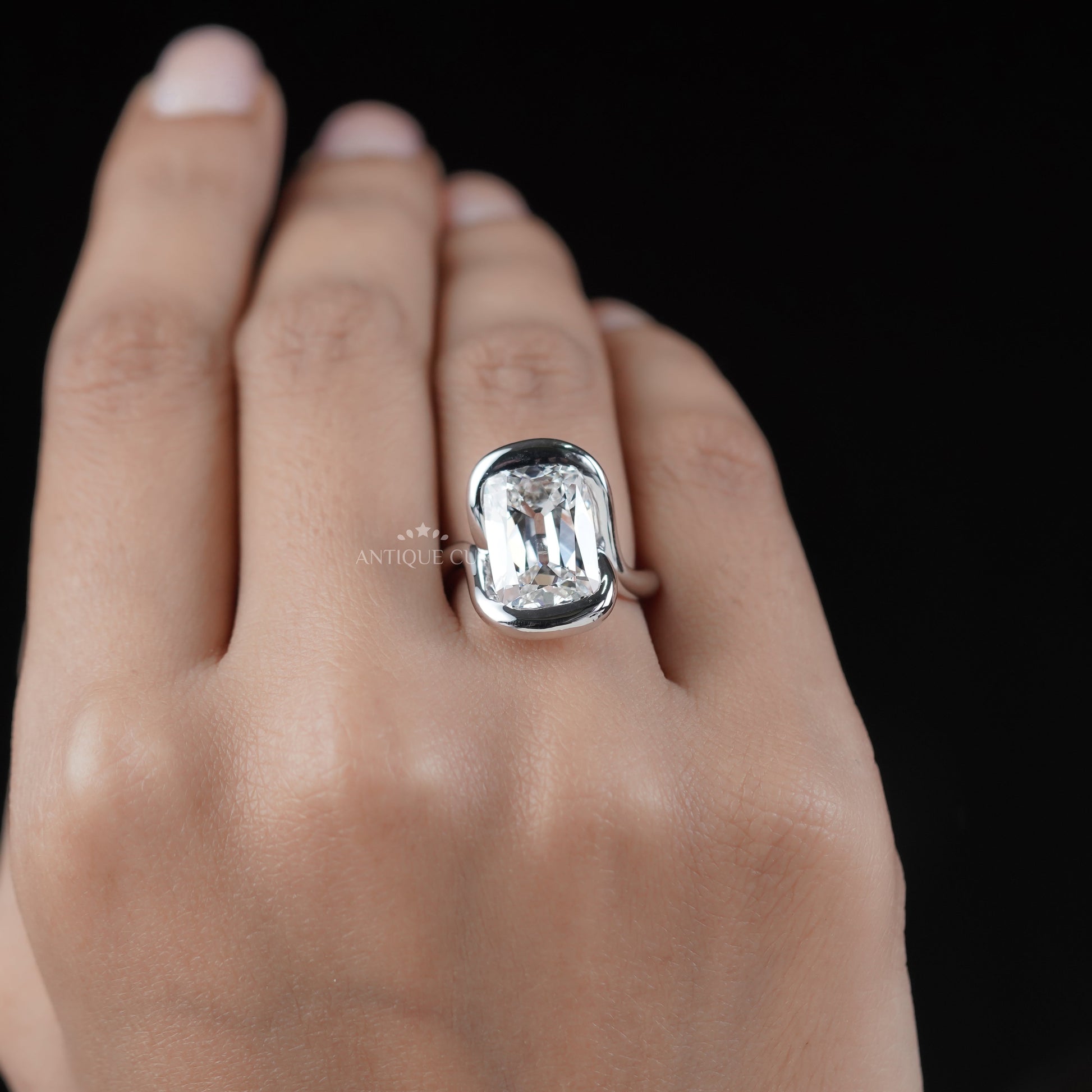 Cushion 5.10ct Lab Grown Diamond Swirl Bezel Ring | Modern Sculptural Setting | DEF Color | VVS–VS Clarity