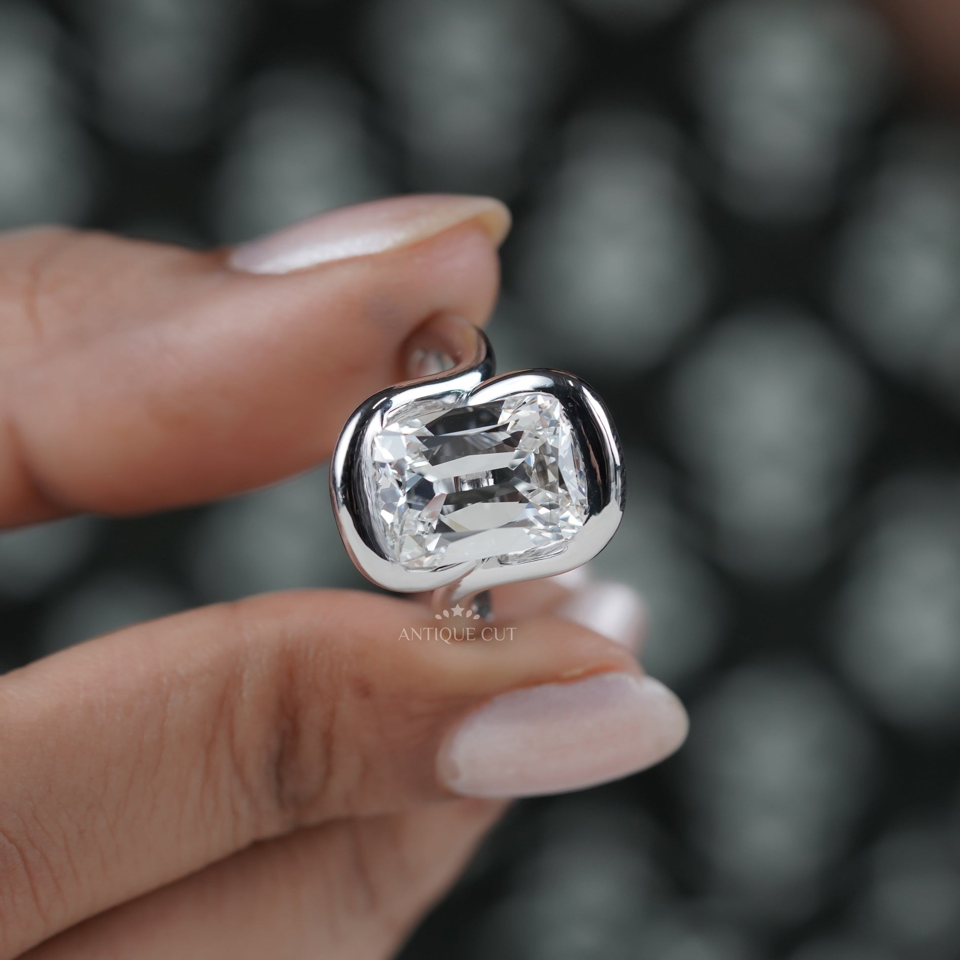 Cushion 5.10ct Lab Grown Diamond Swirl Bezel Ring | Modern Sculptural Setting | DEF Color | VVS–VS Clarity