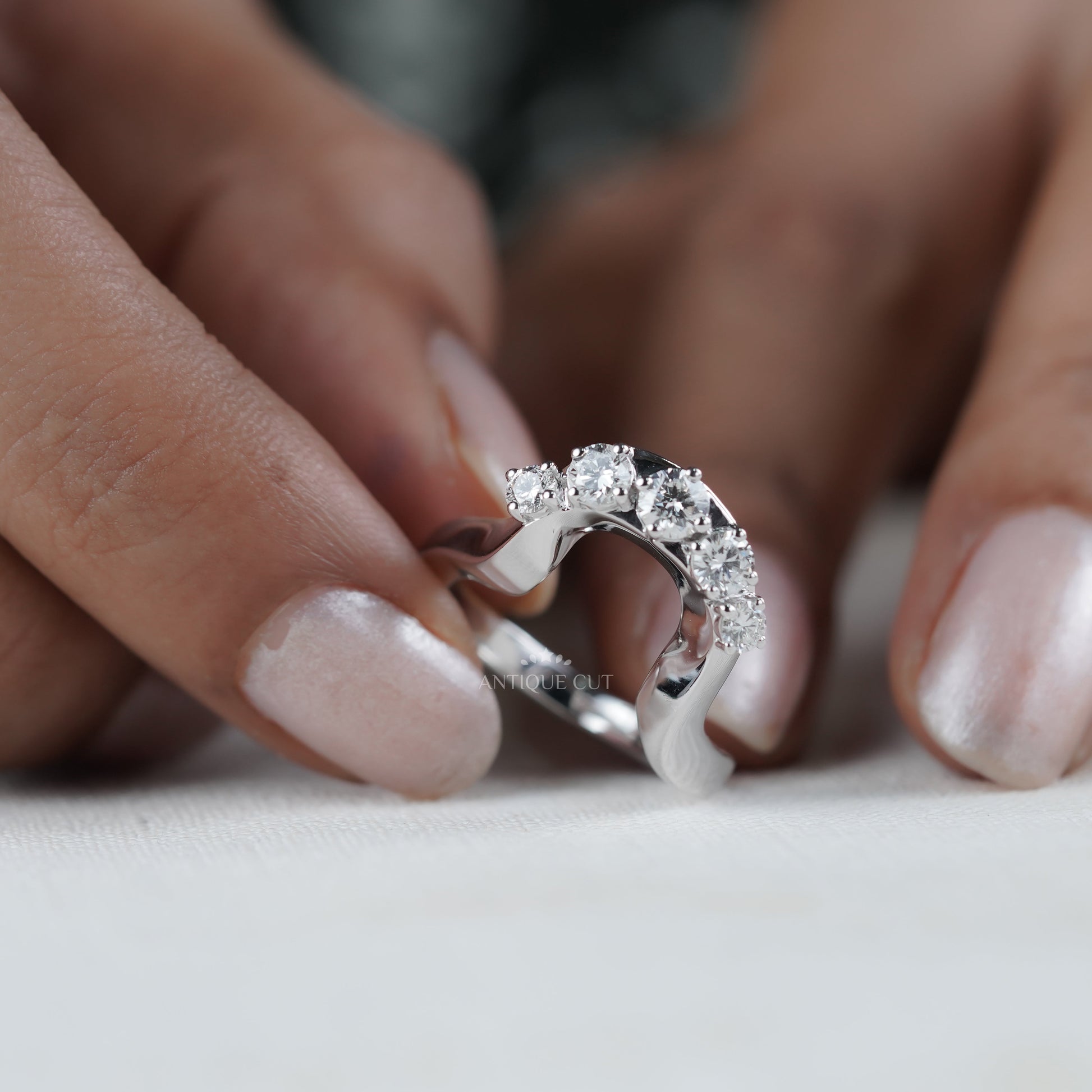 Round 0.70tcw Diamond Curved Band | Sculptural Wave Ring | Gold Contour Wedding Band