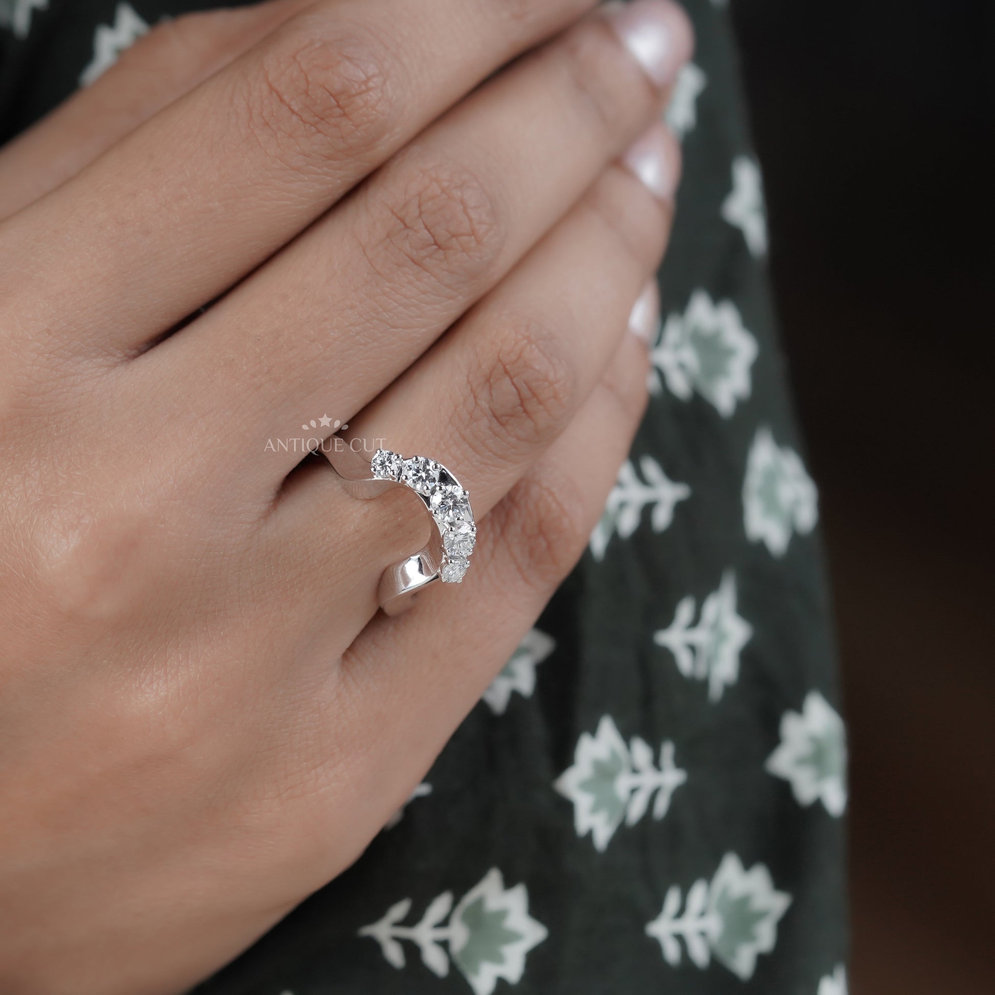 Round 0.70tcw Diamond Curved Band | Sculptural Wave Ring | Gold Contour Wedding Band