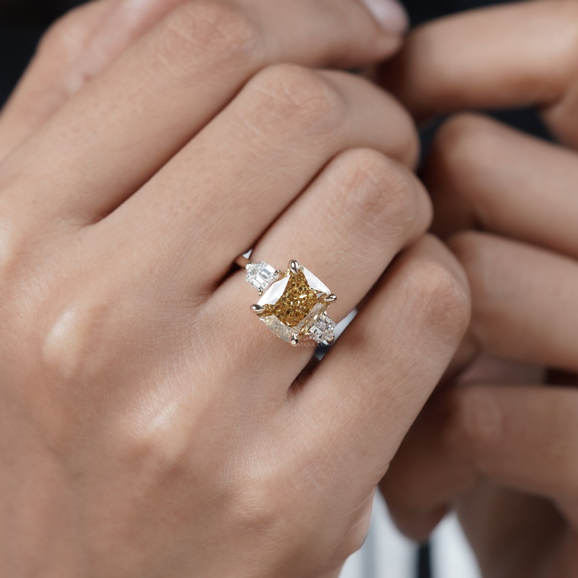 5.00ct Cushion Engagement Ring • 0.50ct Diamond Side Stones • Yellow Gold Cushion Cut Ring • Large 5ct Statement Bridal Ring