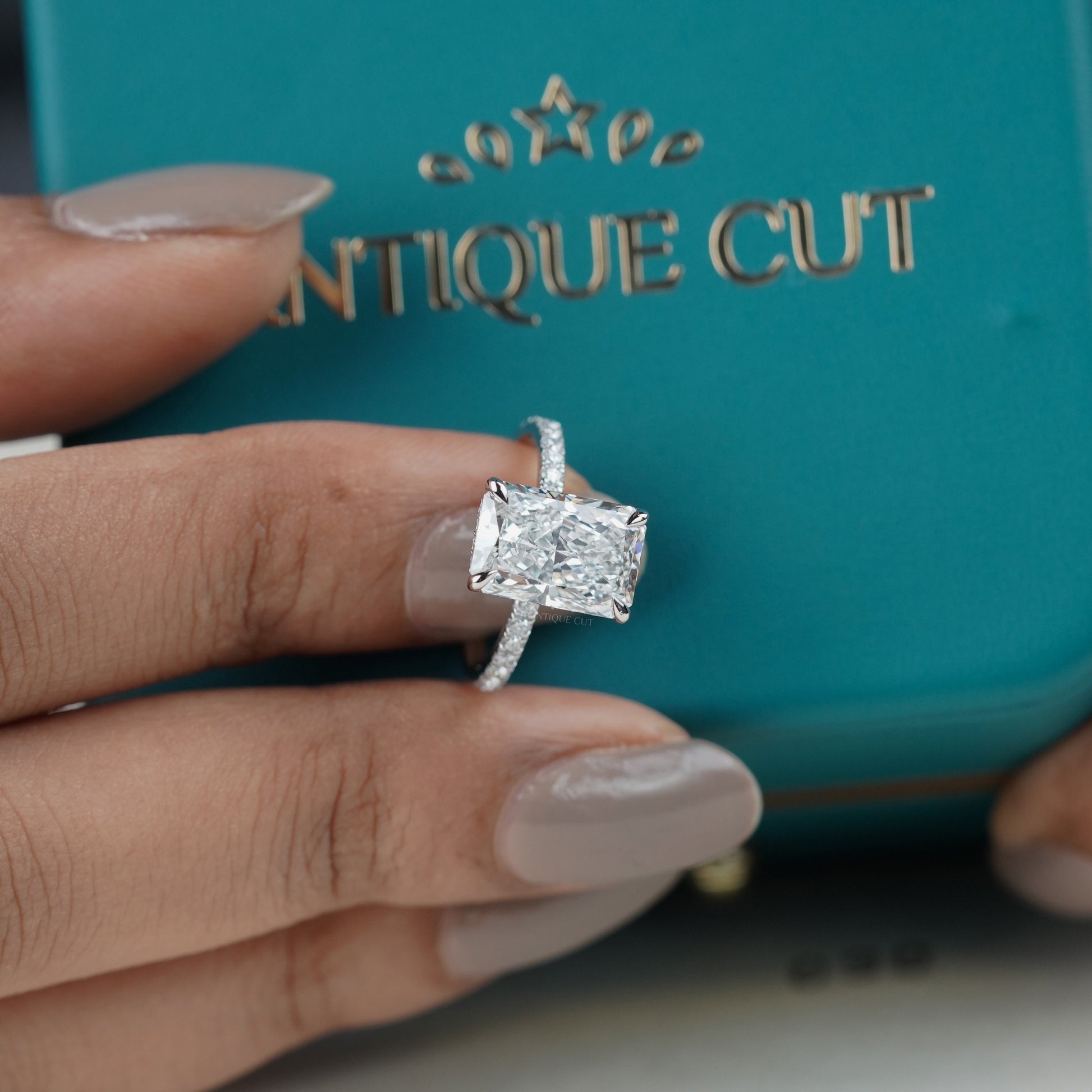 5.00ct Radiant Cut Diamond Engagement Ring | Hidden Halo with 0.70ct Side Stones | 14K Gold Solitaire Pave Band | Luxury Bridal Ring