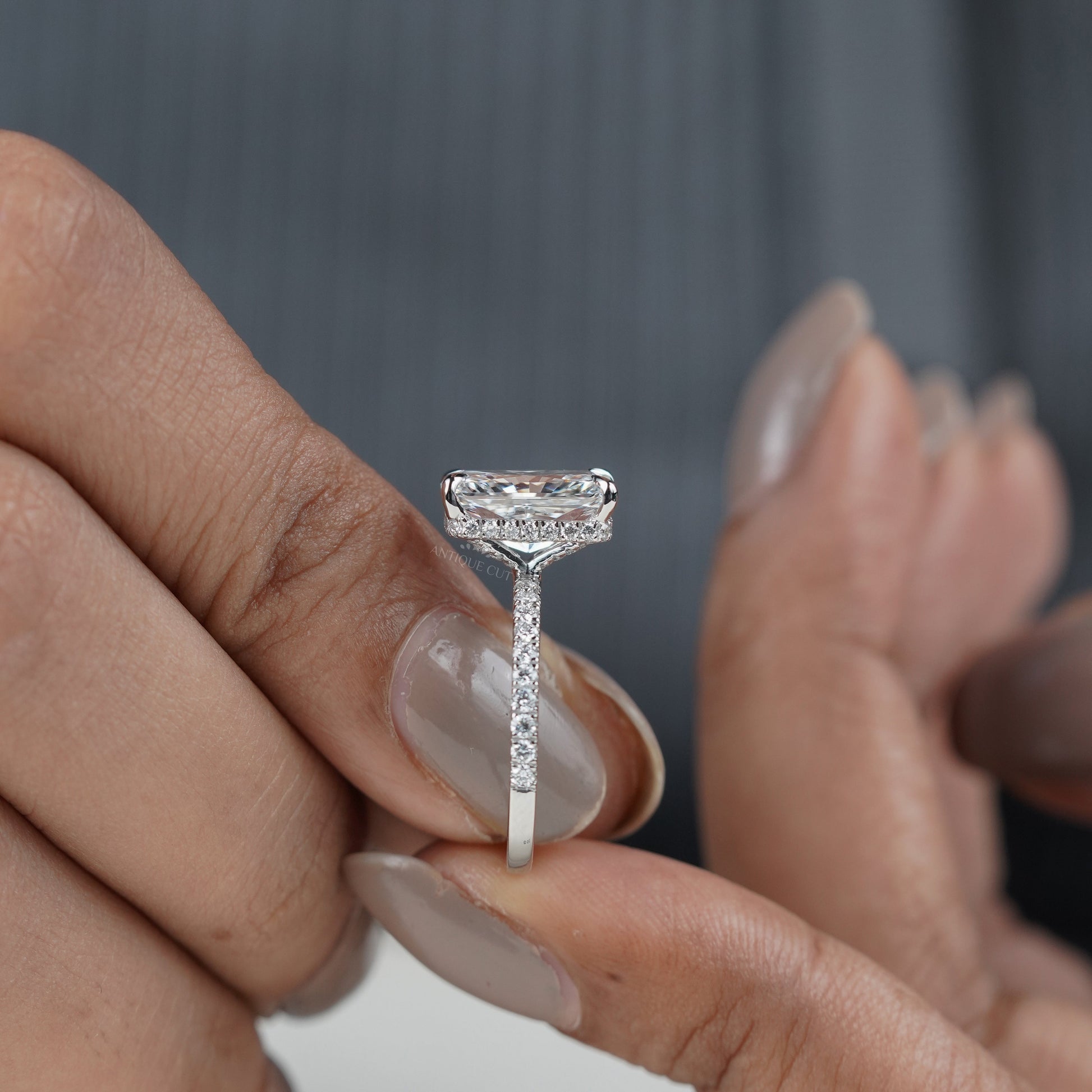 5.00ct Radiant Cut Diamond Engagement Ring | Hidden Halo with 0.70ct Side Stones | 14K Gold Solitaire Pave Band | Luxury Bridal Ring