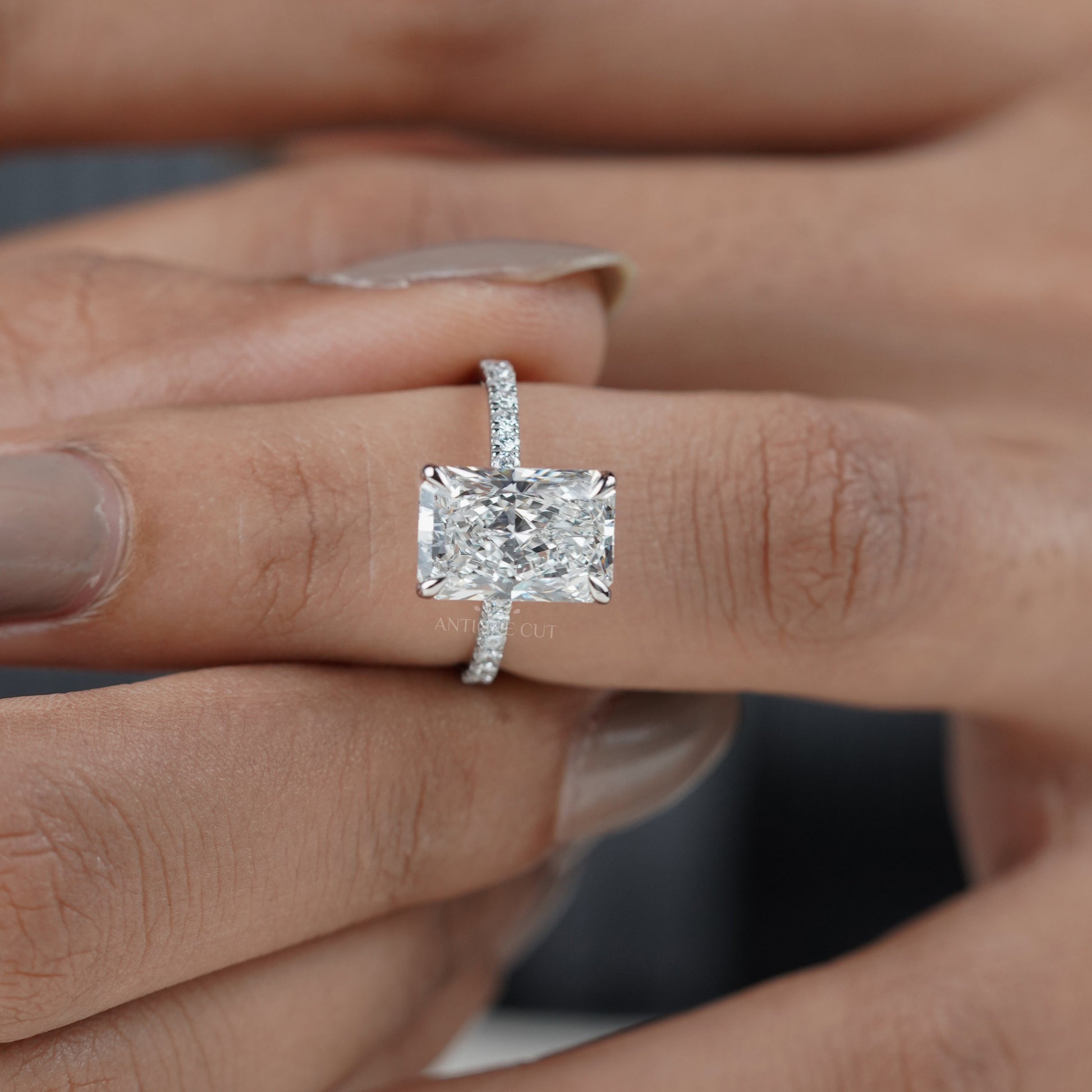 5.00ct Radiant Cut Diamond Engagement Ring | Hidden Halo with 0.70ct Side Stones | 14K Gold Solitaire Pave Band | Luxury Bridal Ring