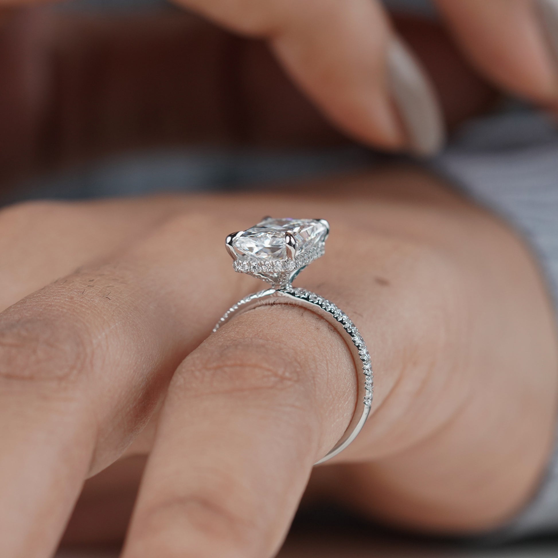 5.00ct Radiant Cut Diamond Engagement Ring | Hidden Halo with 0.70ct Side Stones | 14K Gold Solitaire Pave Band | Luxury Bridal Ring